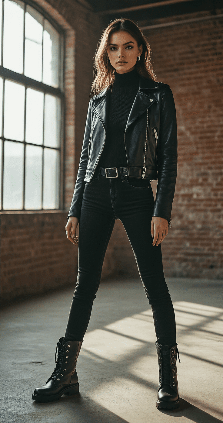 A confident model poses in a modern industrial loft, wearing high-waisted black skinny jeans, a fitted black ribbed turtleneck, and a black faux leather moto jacket with silver hardware, complemented by dark combat boots and minimalist jewelry, all illuminated by dramatic late afternoon lighting.