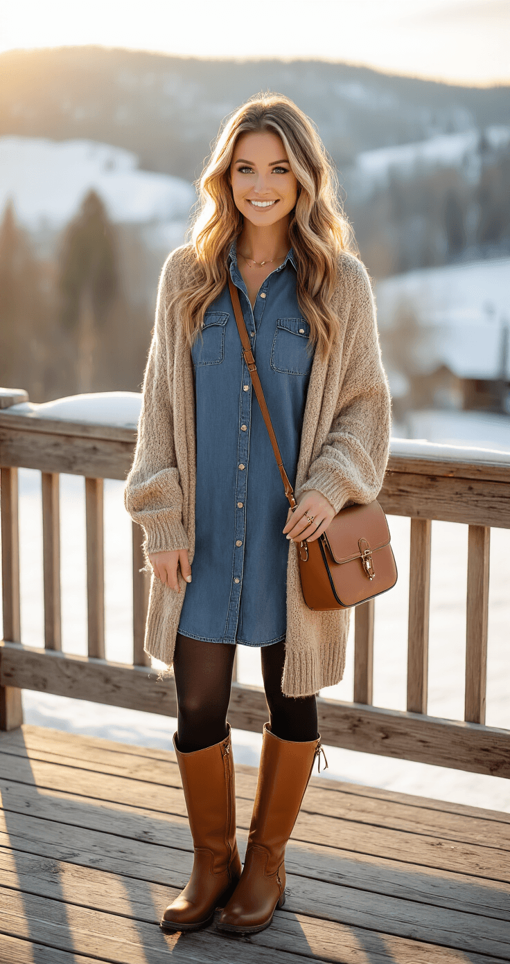 A woman in a medium wash denim shirt dress layered with fleece-lined black tights and an oversized oatmeal knit cardigan stands on a rustic wooden deck at golden hour, overlooking a snow-dusted countryside. She wears rich brown leather knee-high boots, holds a cognac leather crossbody bag, and has delicate gold jewelry, all accentuated by natural backlighting that creates a soft halo effect.