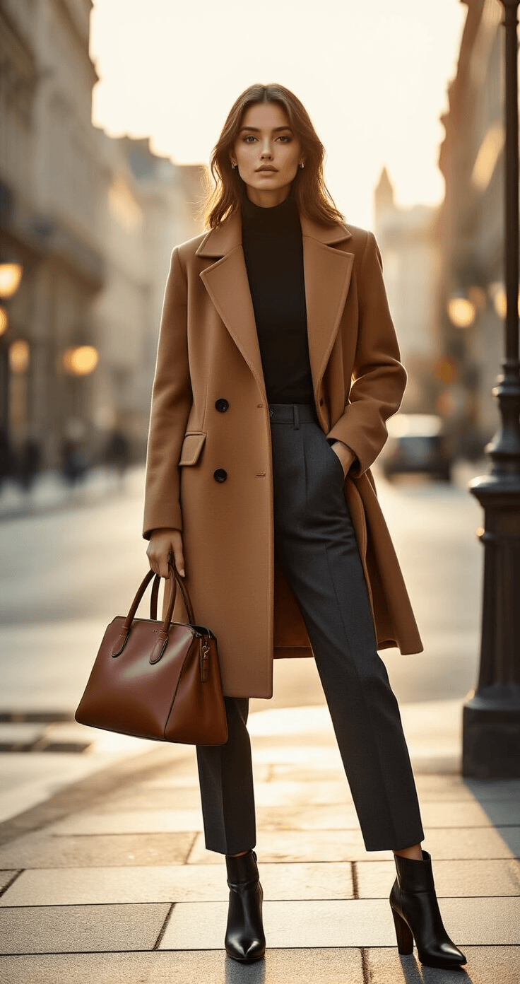 A young woman in a camel wool coat and black turtleneck stands confidently on an urban corner at golden hour, with elegant city architecture in the background and warm light reflecting off wet pavement.