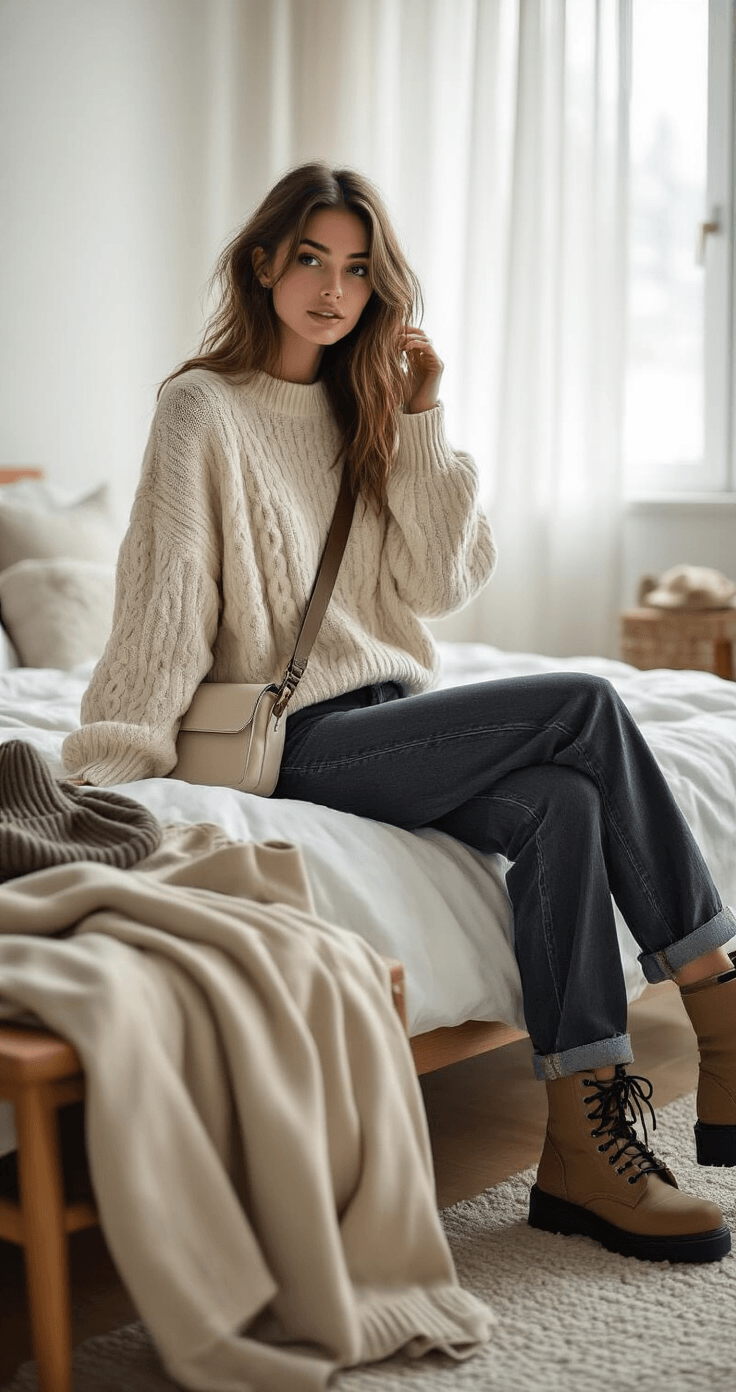 A relaxed woman in an oversized cream sweater sits on the edge of an unmade bed in a softly lit modern bedroom, surrounded by casually draped clothes and a wool beanie, embodying cozy weekend vibes.