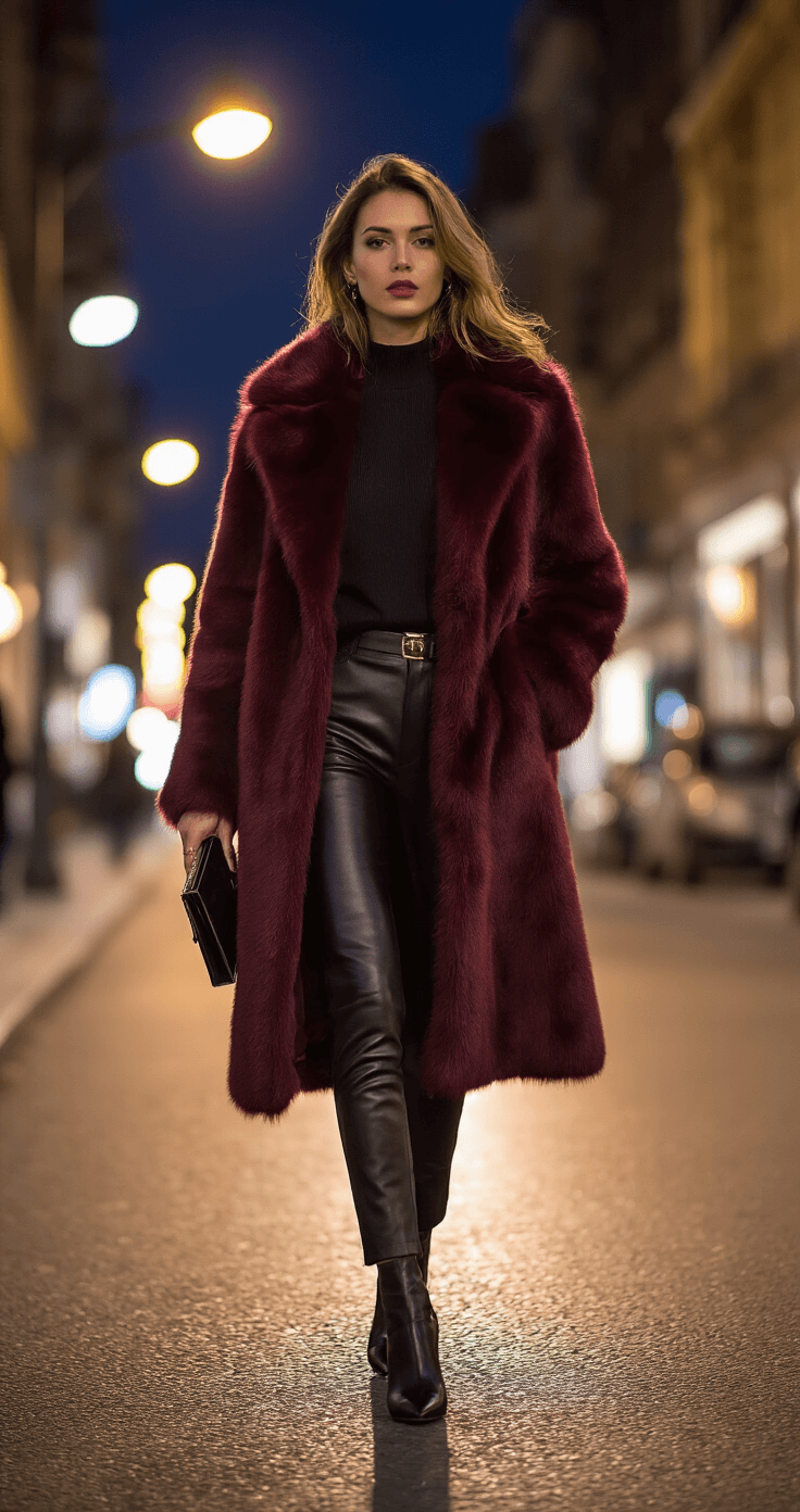 A confident woman wearing a deep burgundy faux fur coat over a black mock neck sweater and high-waisted faux leather pants walks down a fashionable city street during the blue hour, illuminated by warm streetlight, with pointed-toe heeled ankle boots and a small structured clutch, amidst dynamic motion and dramatic shadows highlighting rich jewel tones against the urban backdrop.