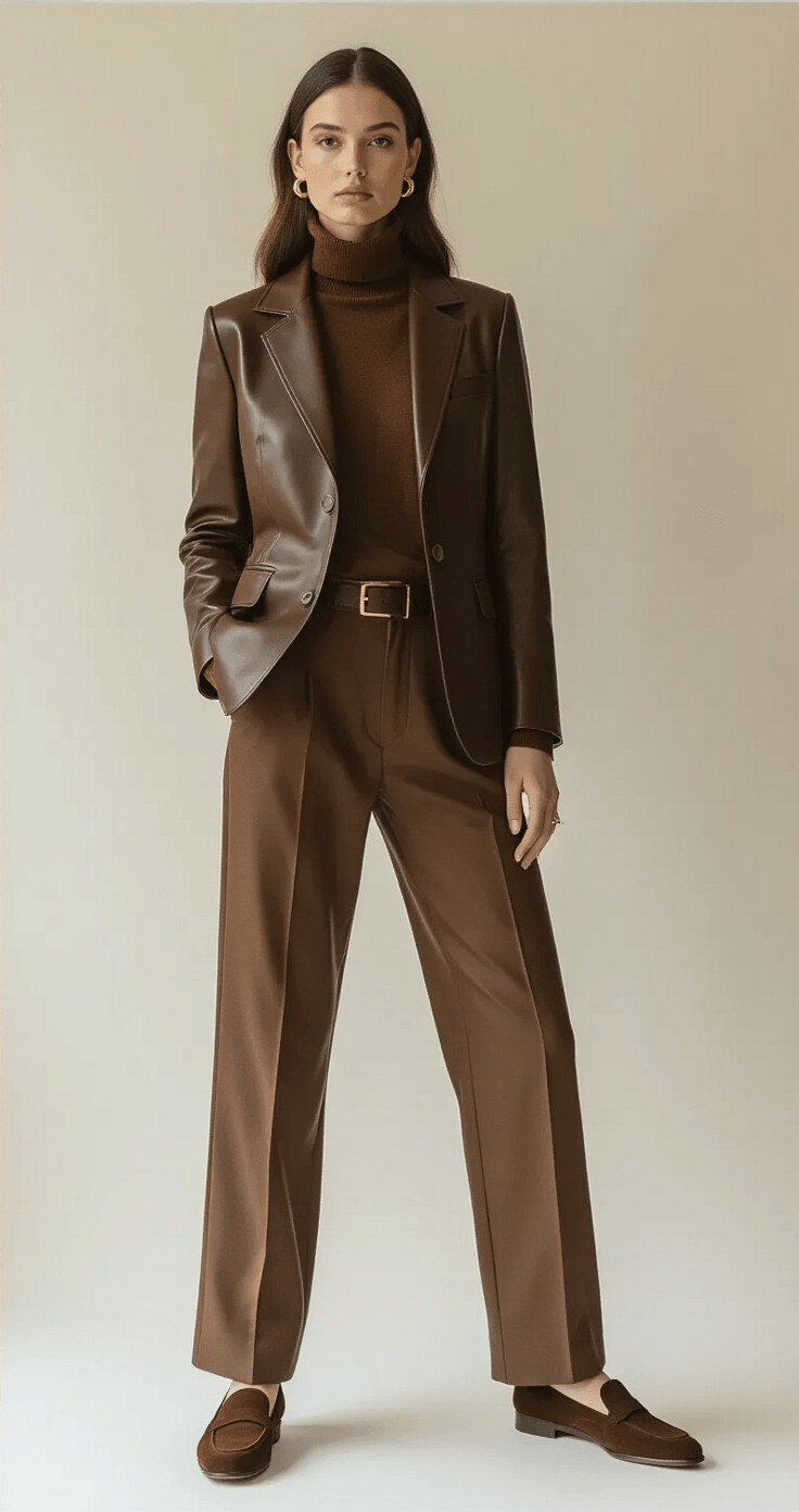 A model poses in a minimalist studio, showcasing a monochromatic chocolate brown fashion editorial with a leather blazer, cashmere turtleneck, tailored wool trousers, and suede loafers, complemented by gold jewelry against clean white walls and soft diffused lighting.
