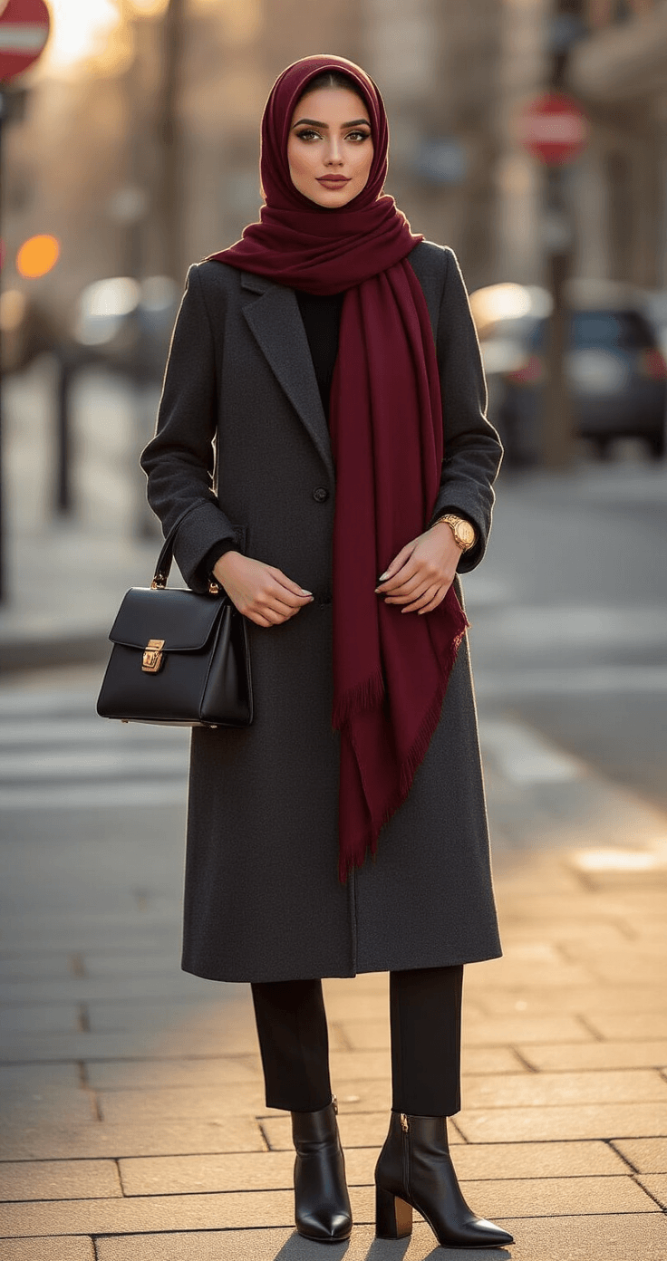 A young woman in a burgundy wool hijab and charcoal long coat poses at a chic urban street corner during golden hour, showcasing sophisticated winter fashion with high-waisted black tailored pants and polished black ankle boots, illuminated by warm afternoon sunlight.