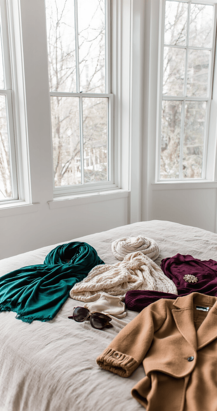 Cozy minimalist bedroom featuring a curated winter hijab wardrobe on a neutral linen bedspread, with rich textures and colors including emerald green pashmina, cream knit hijab, and navy jersey hijabs, alongside coordinating camel wool coat and burgundy cardigan, all beautifully lit by soft natural light from large windows.