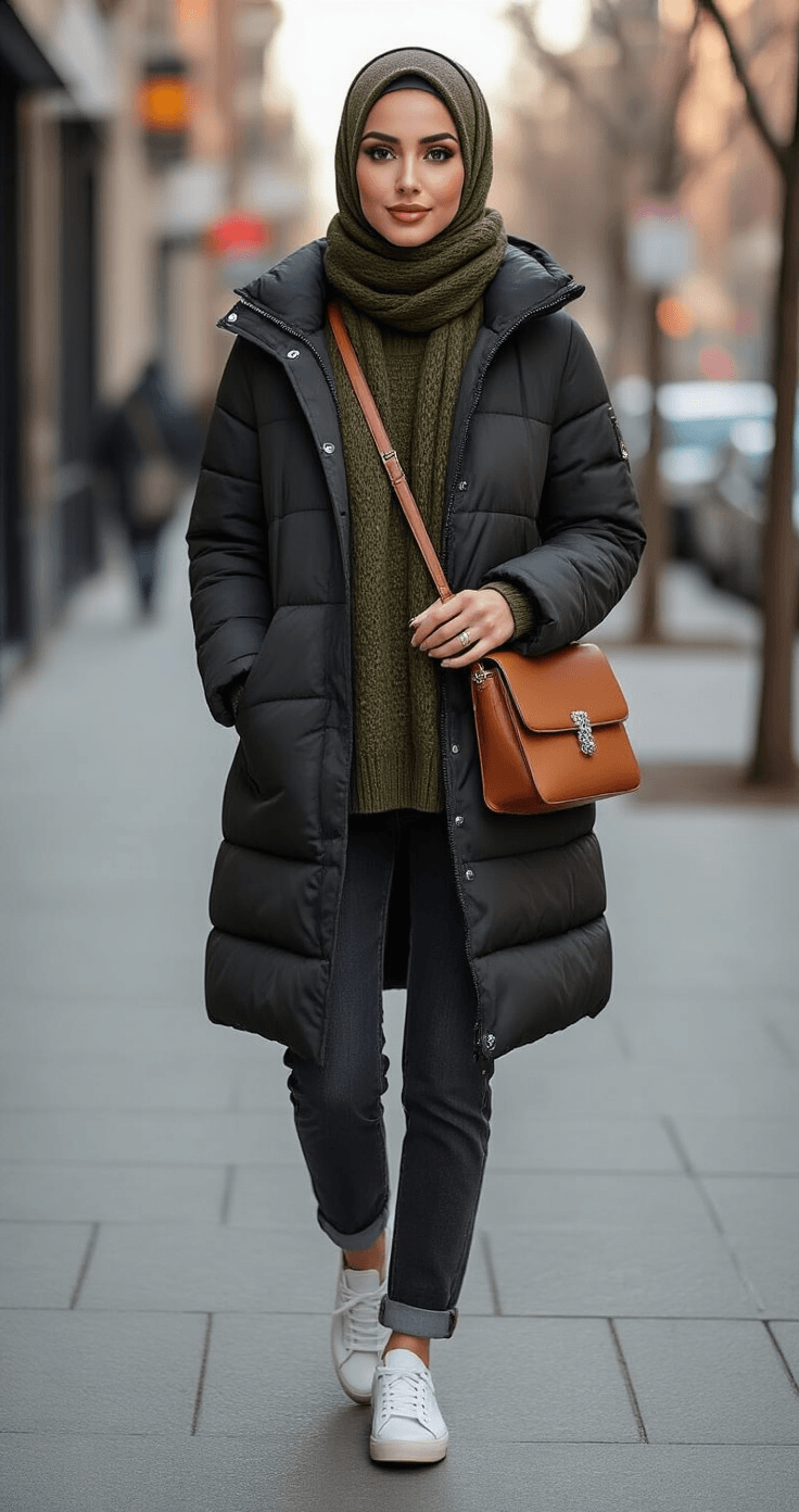 A confident woman showcases casual winter hijab layering on a city sidewalk, wearing an olive green knit hijab secured with a silver brooch, a black puffer coat, dark wash jeans, and white leather sneakers, with a cognac brown crossbody bag, in a vibrant urban setting.