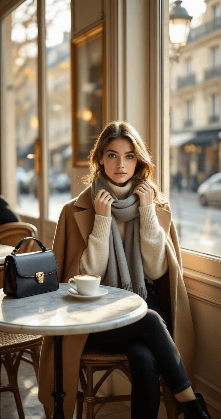 A young woman in a chic Parisian coffee shop, dressed in a cream cashmere turtleneck under a camel wool coat, adjusts her gray wool scarf while seated at a marble bistro table. A black leather crossbody bag and a steaming café au lait sit next to her as golden hour light illuminates the warm neutral colors of her outfit.