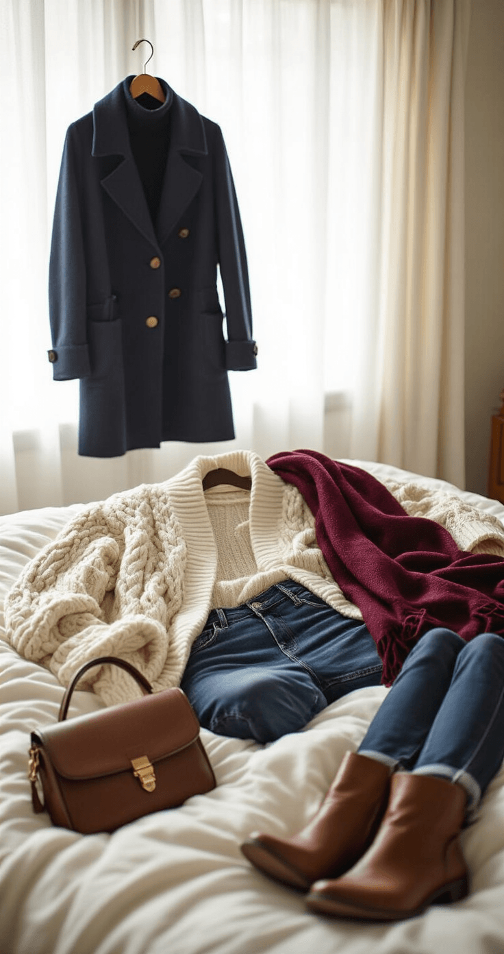 A cozy bedroom scene bathed in soft morning light, featuring a cream bedspread styled with a chunky cream cardigan, dark straight-leg jeans, a burgundy wool scarf, brown leather knee-high boots, a navy wool coat on a wooden hanger, a black turtleneck sweater, and a brown leather crossbody bag, all arranged to highlight rich textures in neutral tones.