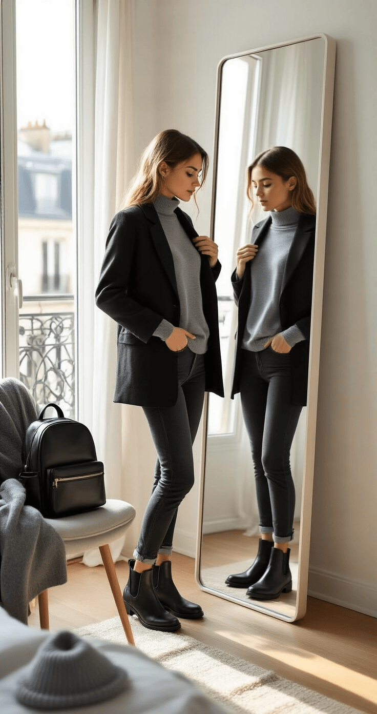 A young woman in a bright Parisian apartment adjusts her black blazer over a gray merino wool sweater, viewed in a full-length mirror during golden hour. She pairs her outfit with slim black jeans and Chelsea boots, as a gray wool coat and leather backpack sit nearby. The scene showcases a monochromatic palette of grays and blacks, highlighting the textures and layering of winter attire.