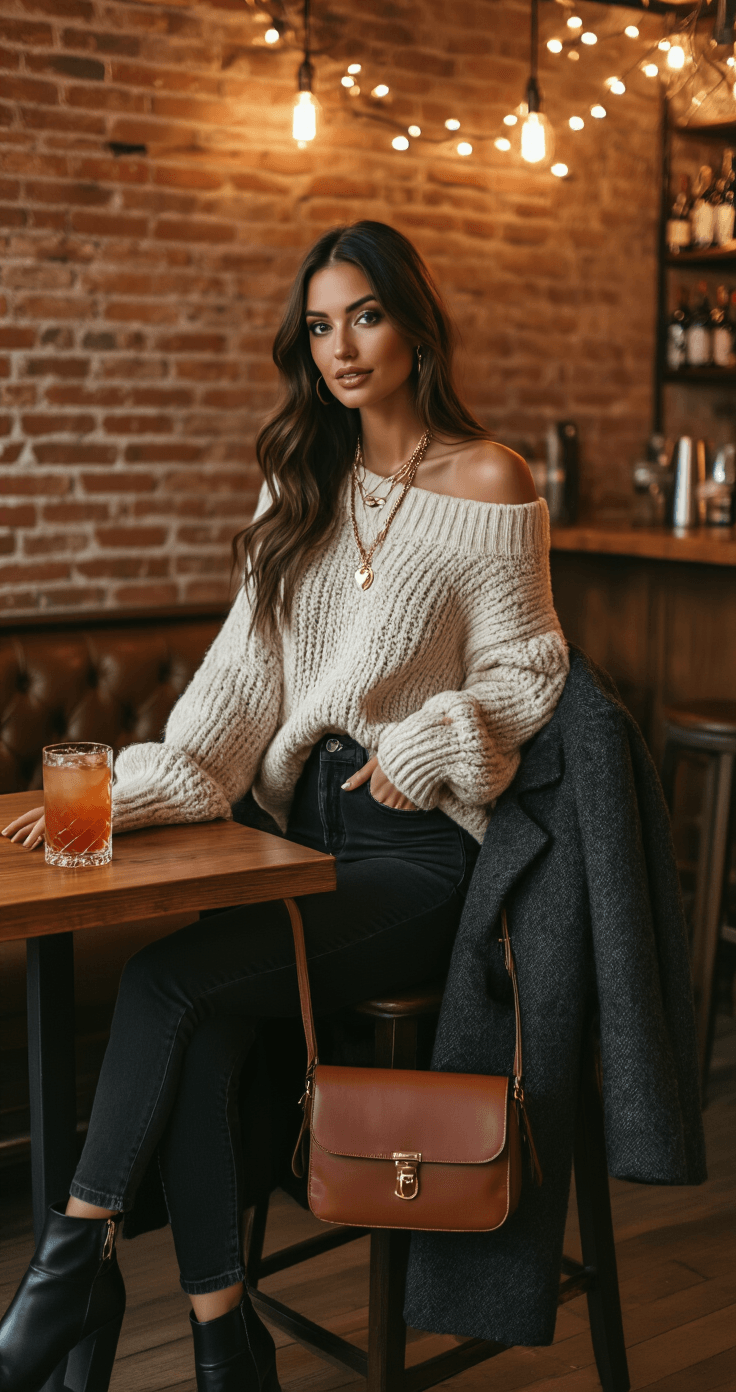 A woman in a cozy wine bar setting wears a chunky off-shoulder cream knit sweater and high-waisted black jeans, with a charcoal wool coat draped over her chair. Layered gold necklaces add elegance, while a leather crossbody bag and artisanal cocktails are on the wooden table in warm, low lighting.