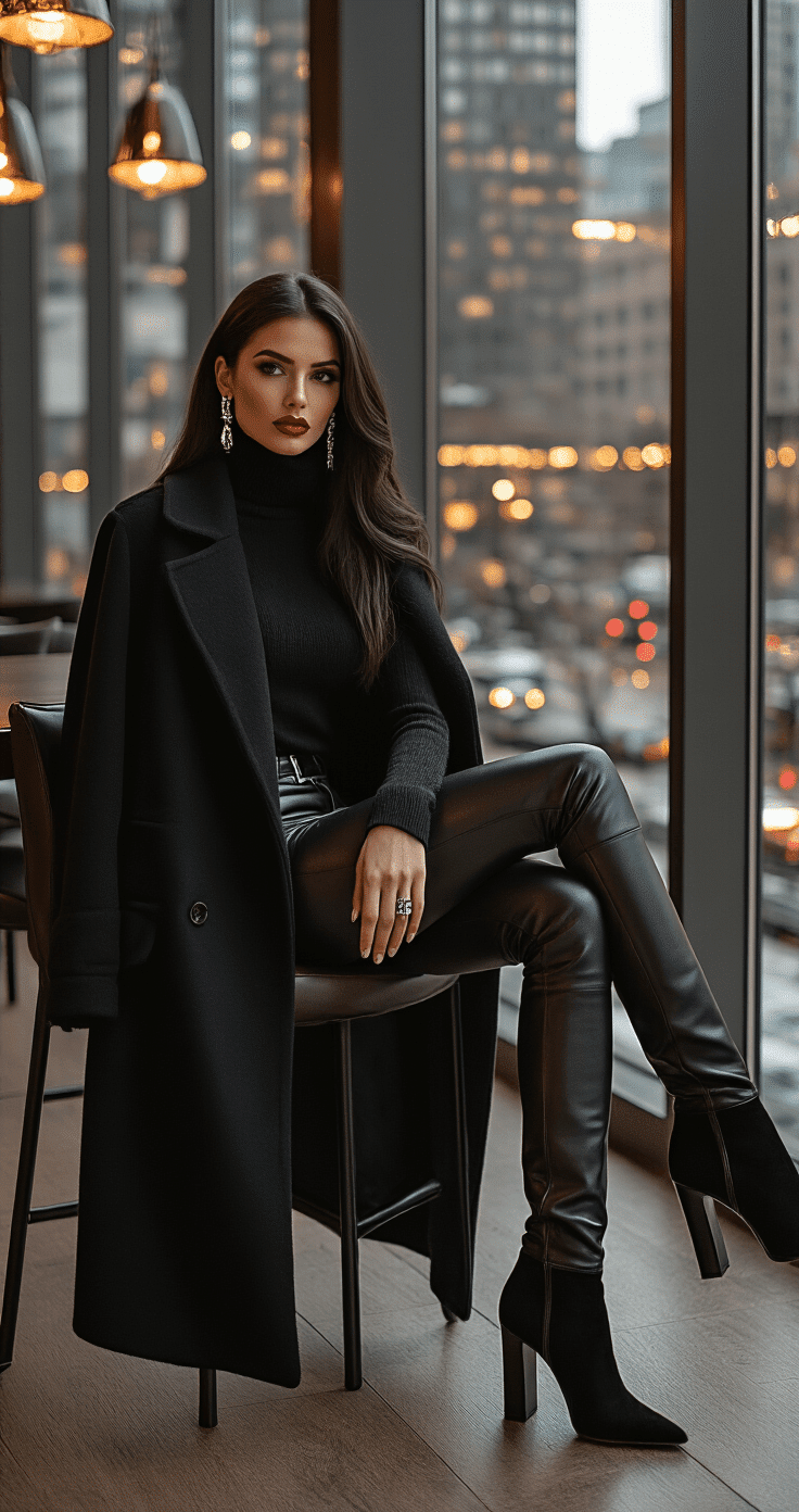 A sophisticated woman in an all-black outfit sits at a sleek downtown restaurant with floor-to-ceiling windows, showcasing city lights at dusk; her fitted leather pants, cashmere turtleneck, and knee-high suede boots are complemented by a long black coat draped on her chair, while statement silver jewelry and a bold red lip add striking accents to the monochromatic scene.