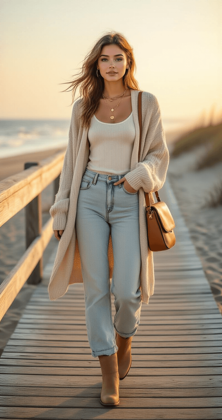 A young woman in layered winter beach attire walks on a weathered wooden boardwalk during golden hour, featuring warm amber tones and a soft focus on her cream tank top, oversized cardigan, light-wash jeans, and tan ankle boots, with ocean waves and sand dunes in the background.