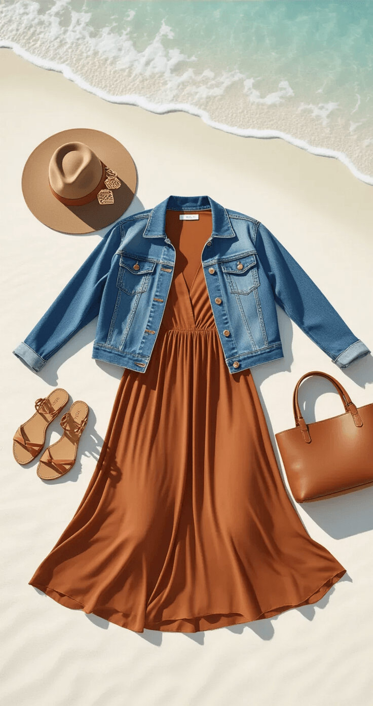 Flat lay of winter beach outfit essentials on white sand, featuring a rust-colored midi dress, vintage denim jacket, tan leather sandals, gold geometric earrings, a camel wide-brim hat, and a structured leather tote, beautifully arranged with shadows from late afternoon sunlight and soft ocean waves in the background.