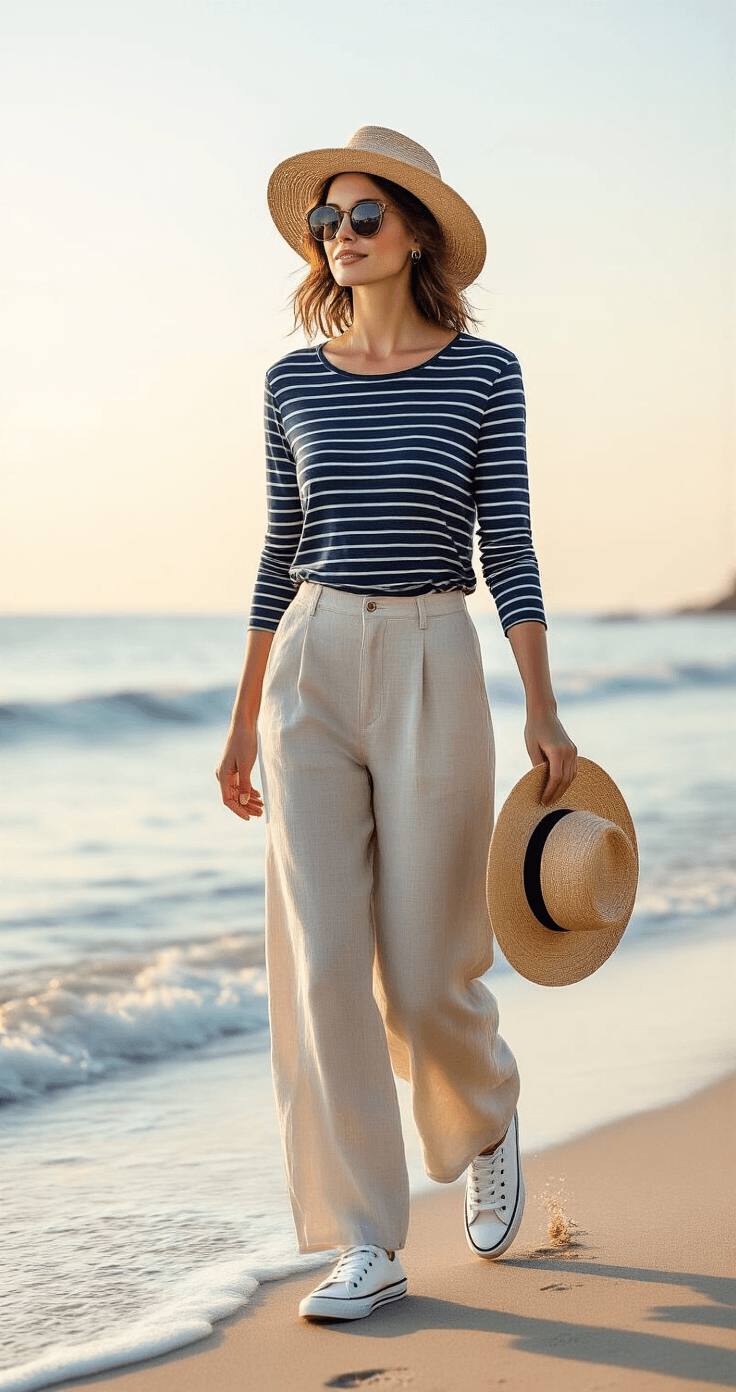 A woman walks along the shoreline in soft morning light, wearing a navy striped long-sleeve tee, sand-colored linen wide-leg pants, and white sneakers, carrying a woven straw fedora and oversized tortoiseshell sunglasses, as gentle waves lap at the shore.