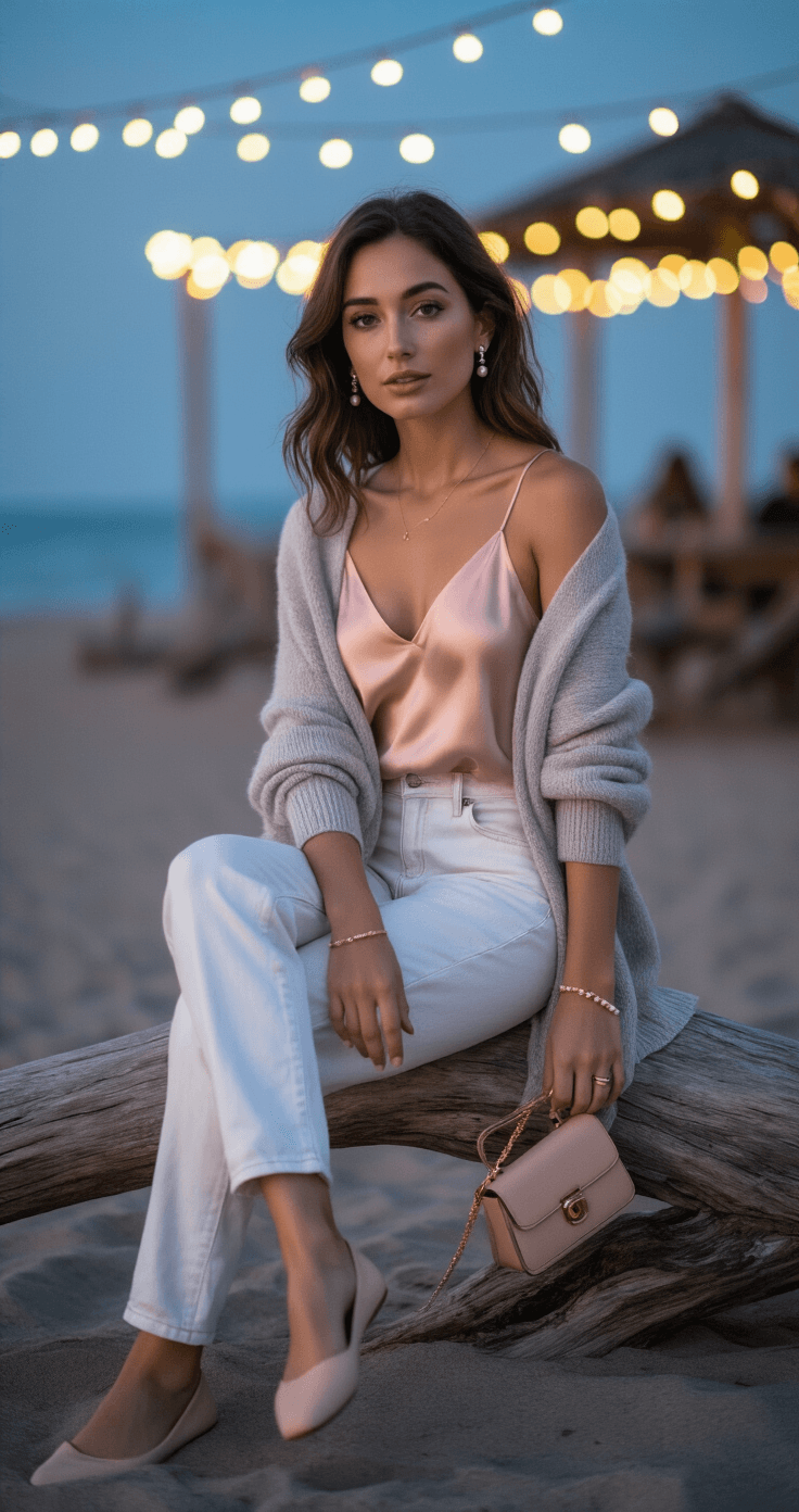 A woman in a blush pink silk camisole and light grey cashmere cardigan sits on a driftwood log during blue hour, wearing high-waisted white cotton jeans and nude ballet flats. Soft twilight illuminates her delicate pearl stud earrings and gold chain bracelet, with bokeh from nearby café string lights creating a romantic ambiance.