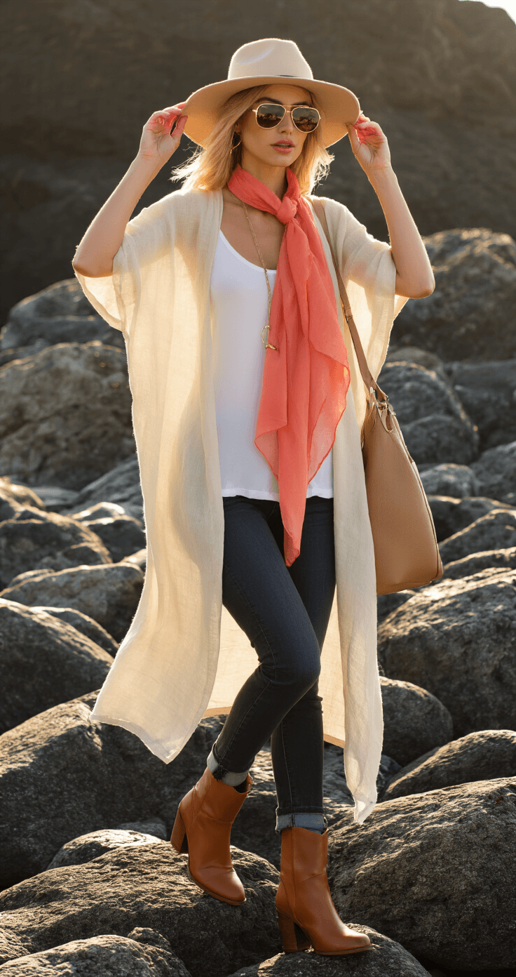 A woman adjusts her wide-brim felt hat on coastal rocks, wearing a cream linen tunic, white tank, dark wash skinny jeans, and cognac leather ankle boots. A coral silk scarf adds color, with dramatic golden hour side lighting creating rim lighting. Accessories include a slouchy leather hobo bag and oversized gold sunglasses, against a backdrop of ocean spray and rocky coastline.
