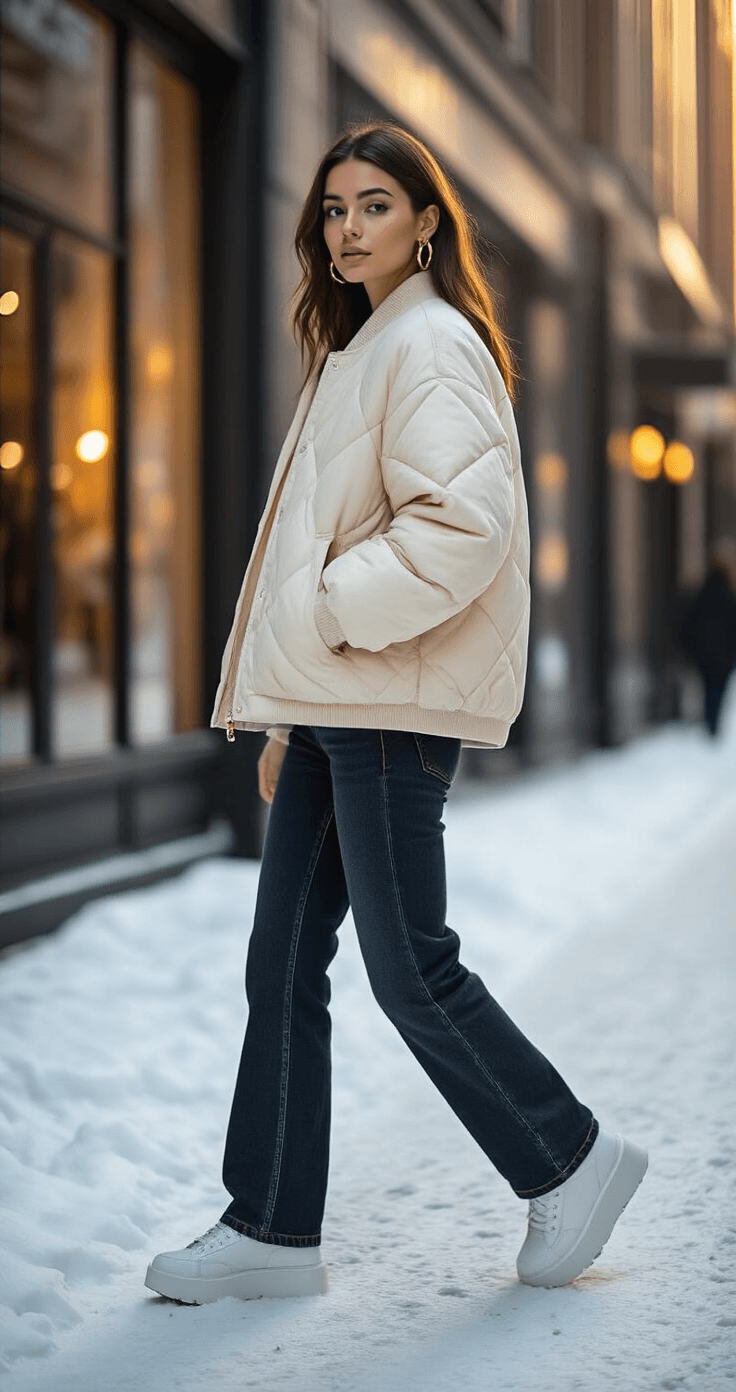 A young woman confidently walks on a snow-dusted urban sidewalk during golden hour, wearing an oversized cream bomber jacket, dark wash jeans, and white platform sneakers, with warm window lighting from modern storefronts illuminating the scene.