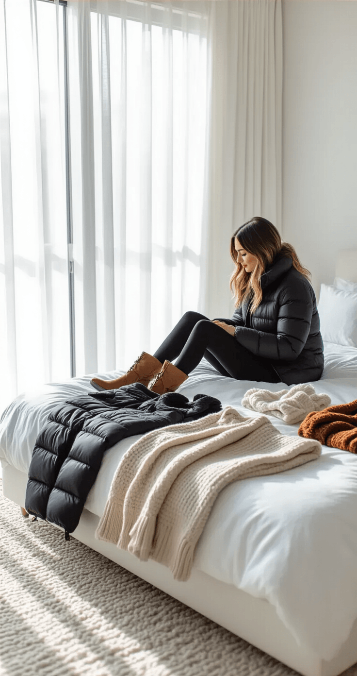 A minimalist bedroom with floor-to-ceiling windows, featuring a woman sitting on a white platform bed arranging winter outfits on white bedding, illuminated by morning light. Various clothing items including a black puffer jacket, faux leather leggings, neutral chunky knit sweaters, and cognac knee-high boots are creatively laid out to showcase layers and styling options.