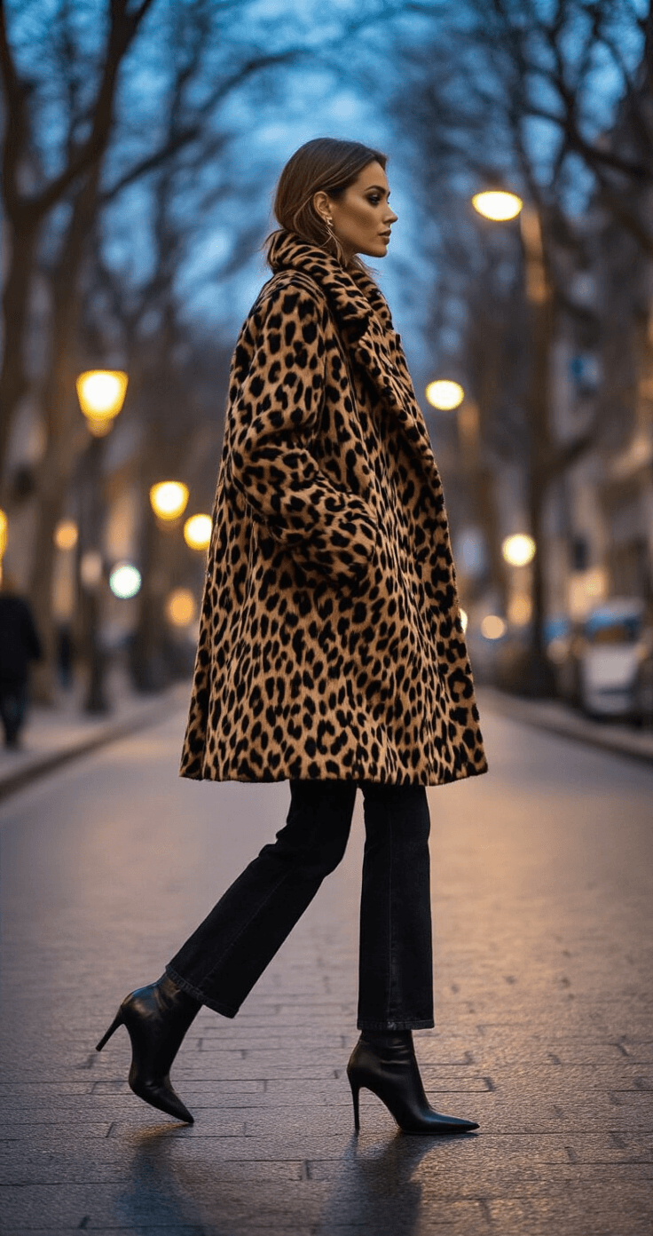A fashionable woman in a statement leopard print wool coat walks through a tree-lined street during the blue hour, showcasing the coat's movement and luxurious texture against her black straight-leg jeans and pointed-toe ankle boots, illuminated by warm streetlamp lighting.