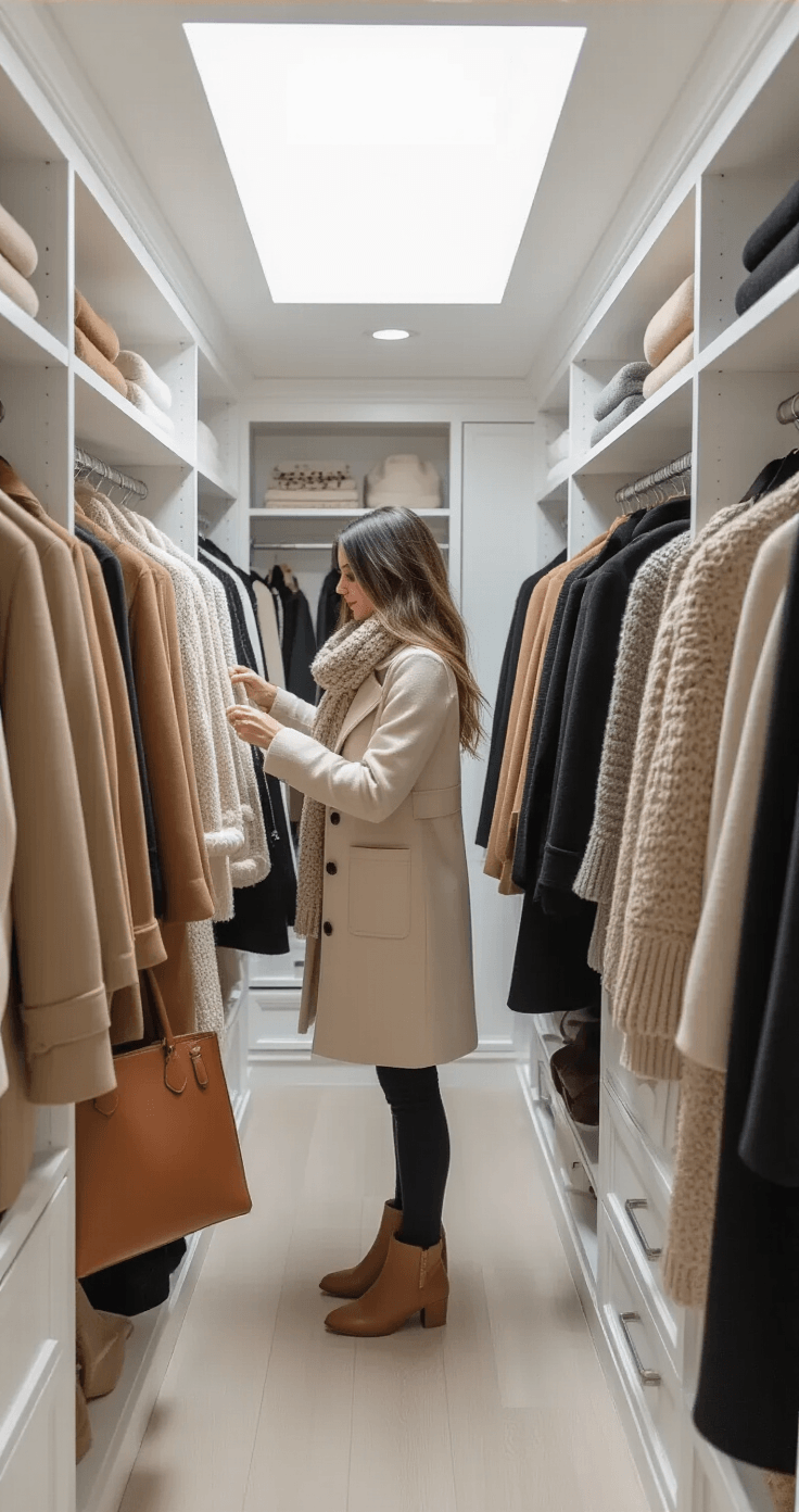 A woman selecting winter accessories in a bright, organized walk-in closet with white shelving, illuminated by natural light from a skylight, showcasing an array of structured outerwear and stylish accessories.