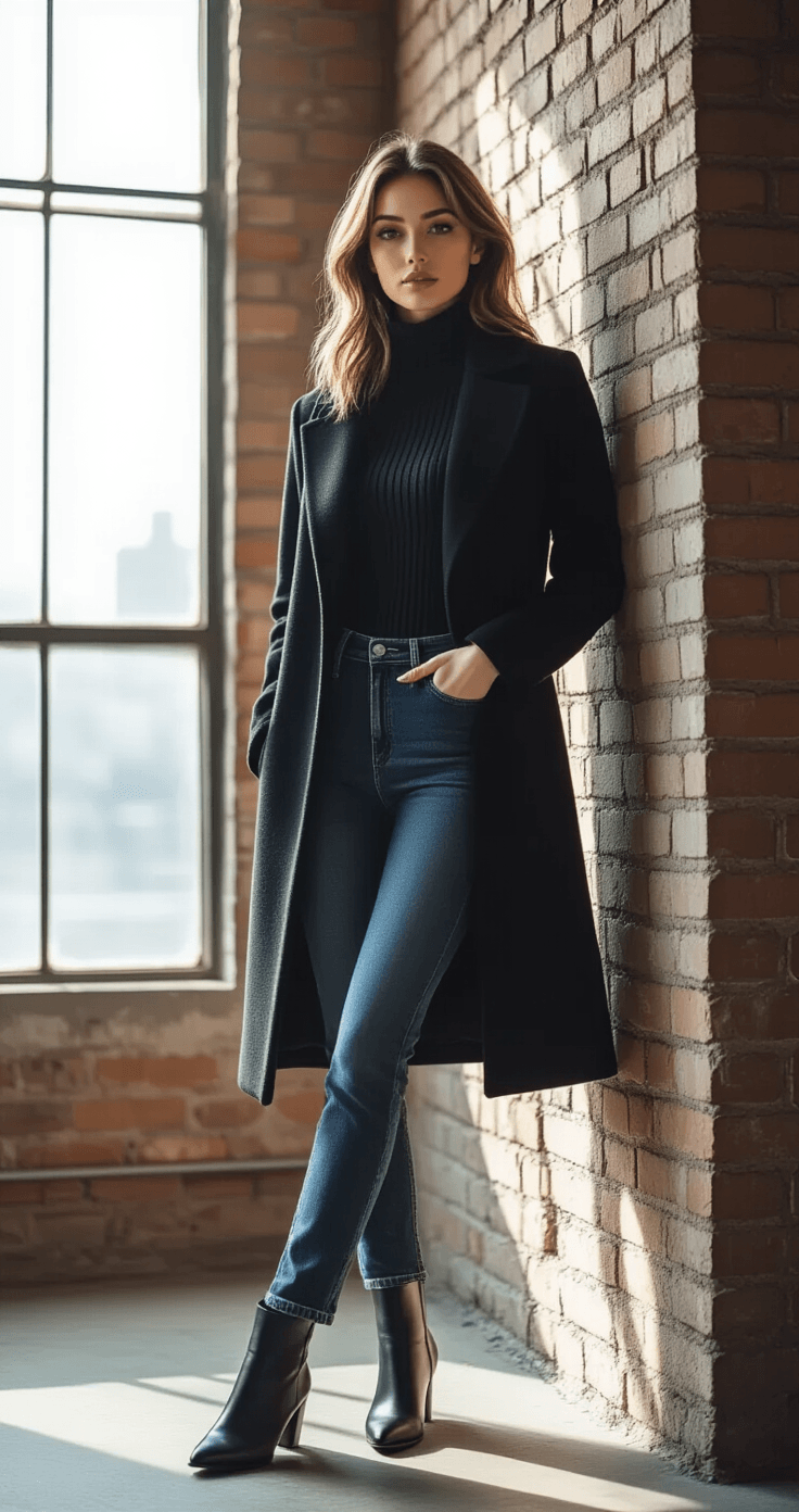 A confident woman in an all-black ensemble poses against an exposed brick wall in an industrial loft, illuminated by dramatic natural light from large windows. She wears a longline wool coat, a fitted turtleneck, straight-leg jeans, and sleek ankle boots, showcasing sophisticated winter minimalism with contrasting textures.