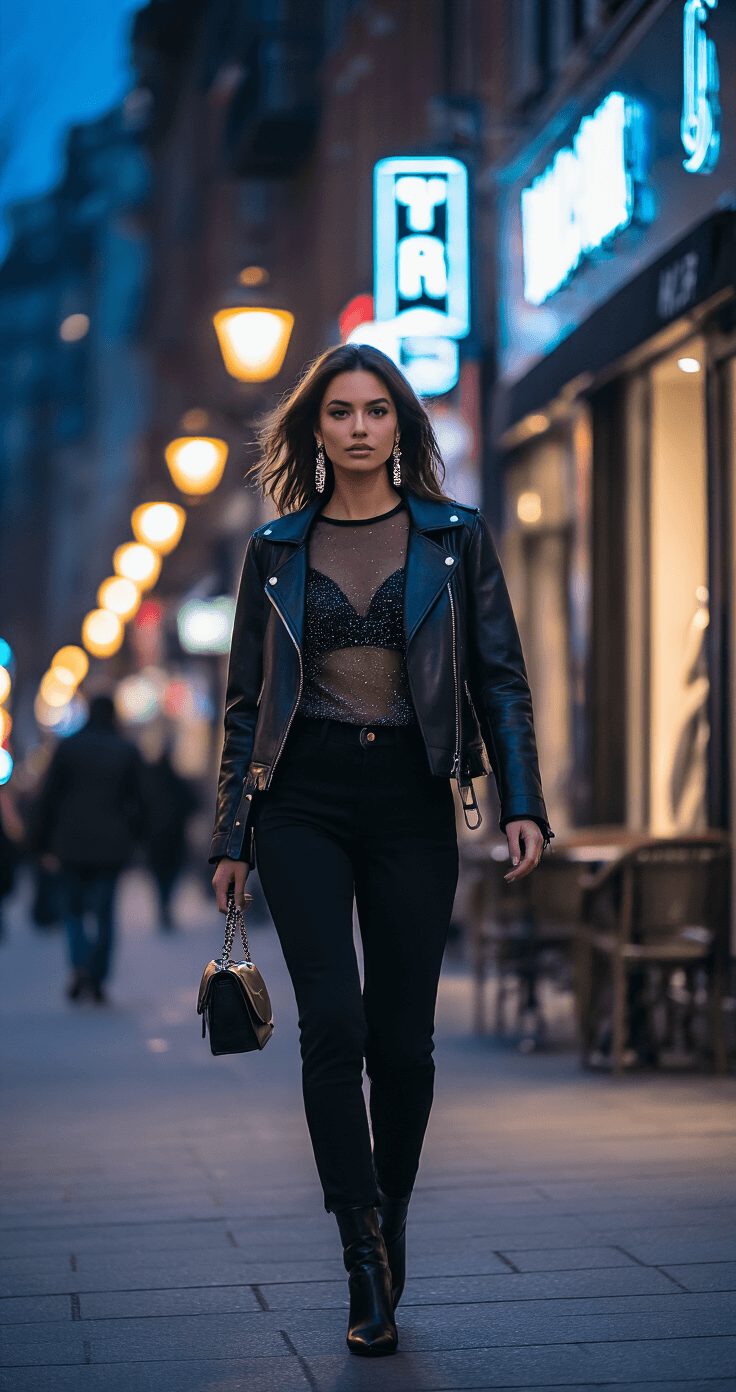 A fashionable woman confidently walks on a city block during blue hour, wearing black tailored pants, a sheer sparkly top, and a sleek black moto jacket. The scene is illuminated by warm streetlamp light and neon signs, with her chunky heeled boots and bold statement earrings catching the light. A small chain bag hangs crossbody, and motion is captured in her hair and jacket against a backdrop of blurred city lights creating a vibrant bokeh.