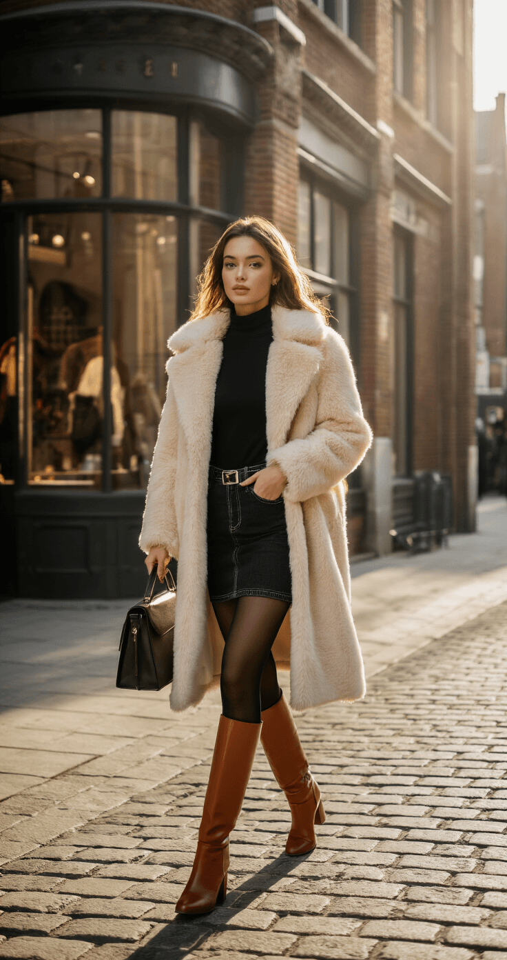 A confident young woman walks mid-stride on a cobblestone street in a winter denim ensemble, featuring a black pencil skirt, fitted turtleneck, and cream faux-fur coat, complemented by cognac brown knee-high boots and a structured handbag. The scene, bathed in golden midday sunlight, highlights historic brick buildings and dramatic shadows, showcasing the textures of her outfit against the urban backdrop.