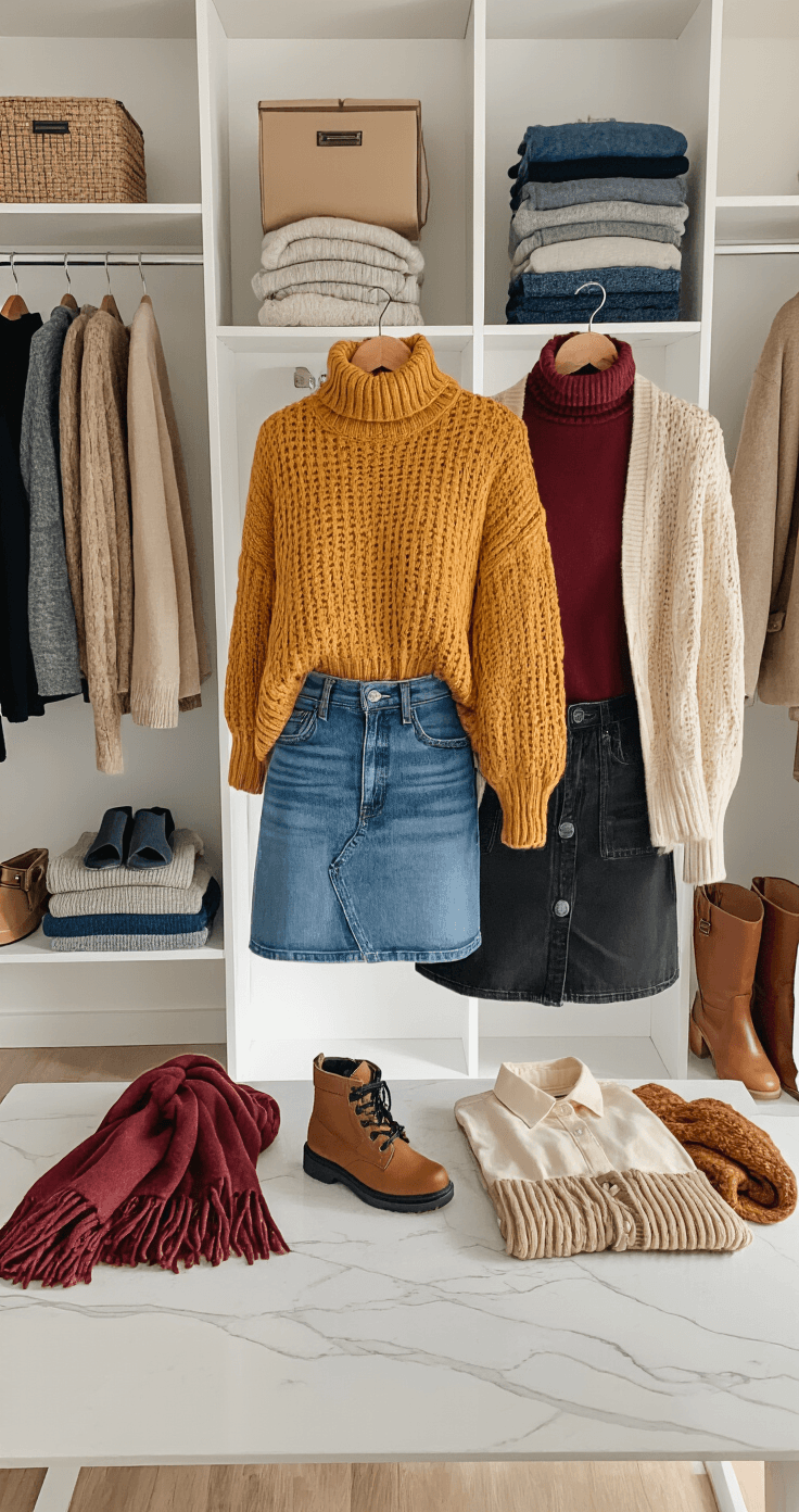 An intimate flat lay of winter denim skirt outfits in a bright walk-in closet, featuring a distressed mini skirt with a chunky mustard sweater, a dark wash midi skirt with a burgundy turtleneck, and a black skirt with a cream button-up. Organized shelves display folded sweaters and coats, while accessories like wool scarves, gloves, and delicate jewelry enhance the scene, illuminated by soft morning light.