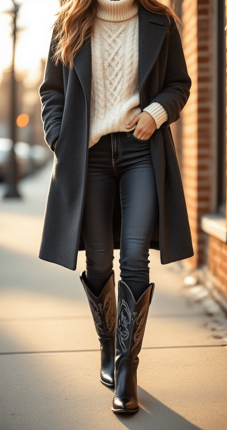 A young woman in a chic urban street during golden hour, wearing tall black cowboy boots, dark wash skinny jeans, an oversized cream cable-knit sweater, and a long charcoal wool coat, walking confidently on a clean sidewalk with brick buildings behind her, captured in soft natural light at a low angle to emphasize her boots.