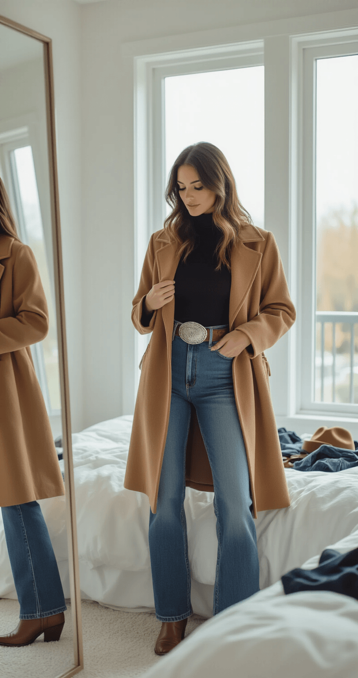 A woman in a minimalist bedroom poses in front of a mirror, showcasing her outfit of high-waisted straight-leg jeans, brown cowboy boots, a fitted black turtleneck, a western belt with a silver buckle, and a cropped camel coat. Natural light streams through large windows, highlighting the neatly arranged clothes on the bed.