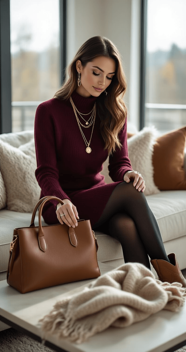 A woman in a burgundy sweater dress and charcoal tights sits on a cream sofa, arranging accessories on a coffee table in a modern living room. Sunlight floods the space, highlighting her tan ankle cowboy boots, leather handbag, gold necklaces, and knit scarf.