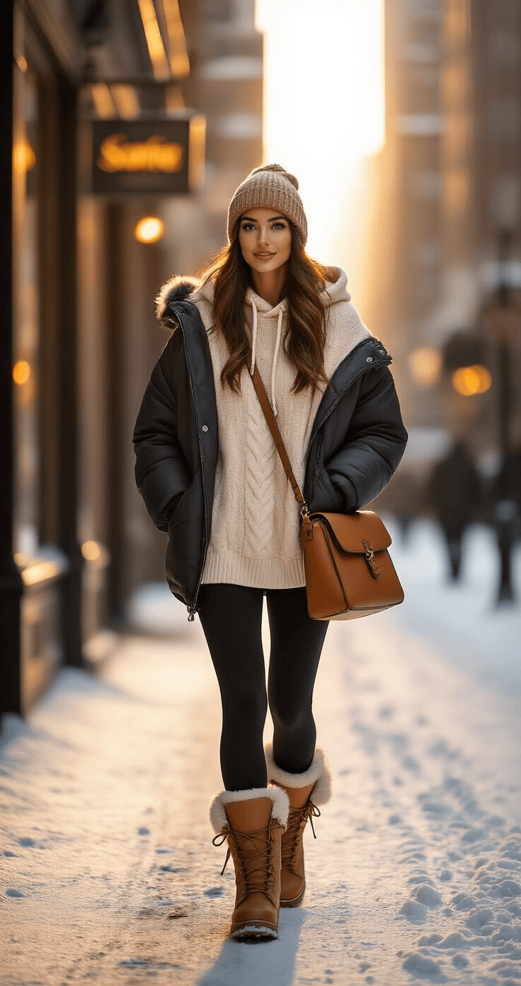 A stylish woman confidently walks down a snow-dusted city sidewalk during golden hour, dressed in black fleece-lined leggings, an oversized cream cable-knit hoodie, and an unzipped charcoal puffer jacket. She wears chunky tan snow boots and a knitted beanie while carrying a camel brown leather crossbody bag. The scene captures warm golden sunlight filtering between buildings, highlighting her cozy winter outfit against blurred storefronts.