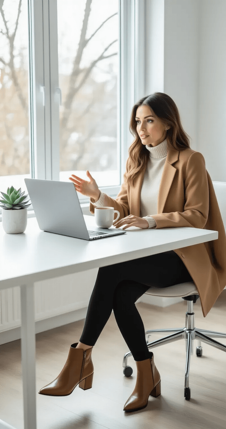 A professional woman in black leggings, an ivory turtleneck, and an oversized camel blazer sits at a sleek white desk in a modern minimalist home office, engaged in a video call. The desk features a steaming mug of tea, a minimalist laptop, and a small succulent plant, with large windows allowing soft natural light and a view of winter trees. The scene highlights a sophisticated neutral color palette and intentional styling for a comfortable work-from-home environment.