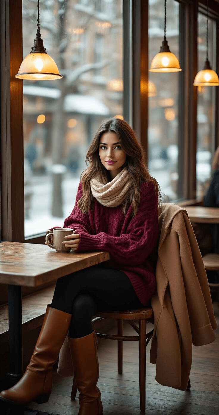 A woman in a cozy coffee shop sits at a rustic wooden table, wearing black leggings, an oversized burgundy cable-knit sweater, and knee-high cognac leather boots. A long camel wool coat hangs on her chair back as she holds a steaming ceramic mug. A chunky cream scarf drapes around her neck, with warm ambient lighting enhancing the inviting winter street scene visible through large front windows. The image captures a relaxed brunch atmosphere in rich earth tones.