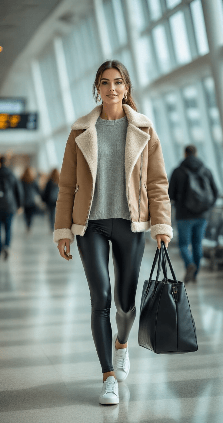 A woman confidently walks through a bright airport terminal, dressed in black faux leather leggings, an oversized heather grey sweater, a tan shearling jacket, and white retro sneakers, carrying a structured black leather tote bag while rolling luggage beside her. The scene captures her in motion with blurred travelers in the background, showcasing an elevated neutral color palette and comfortable luxury travel wear.