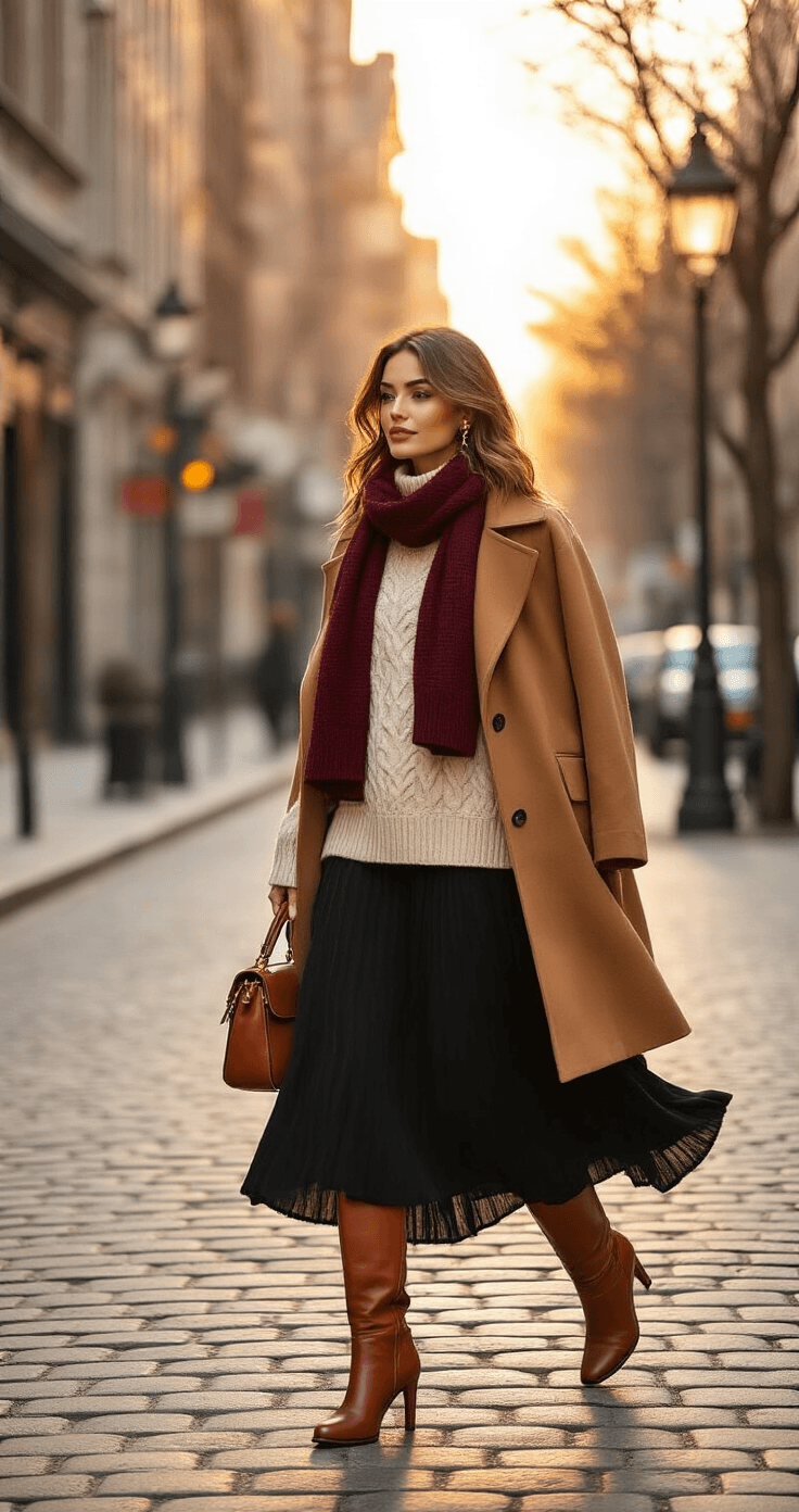 A confident woman in a flowing black wool maxi skirt and cream chunky knit turtleneck walks on a chic urban street corner during golden hour, with knee-high cognac leather boots and a structured camel wool coat. She's accessorized with a burgundy knit scarf, cognac leather handbag, and delicate gold jewelry, surrounded by warm amber lighting, bare winter trees, cobblestone pavement, and vintage lampposts.
