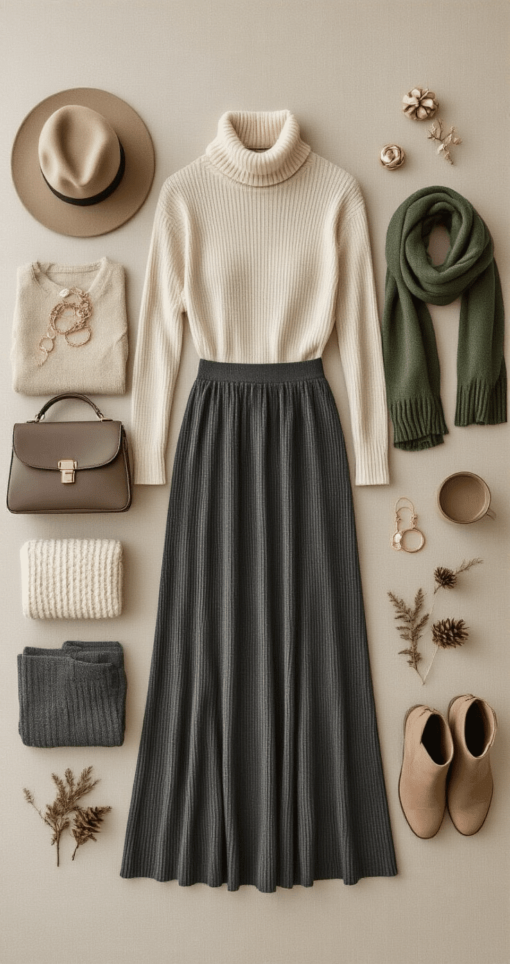 A minimalist flat lay of winter fashion essentials featuring a ribbed charcoal grey maxi skirt, ivory cashmere turtleneck, black thermal tights, taupe suede ankle boots, a forest green chunky knit scarf, and rose gold jewelry on a neutral linen backdrop, arranged under soft natural light from large windows.