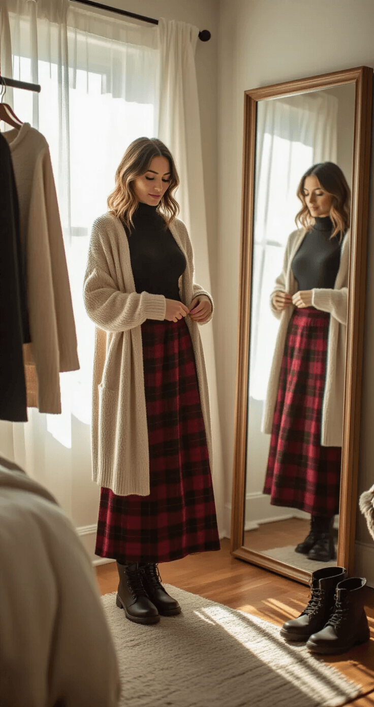 A woman tries on a burgundy plaid wool maxi skirt in front of a full-length mirror, layering a fitted black turtleneck underneath an oversized cream cardigan, morning light streaming through sheer curtains, with an organized clothing rack and combat boots nearby.