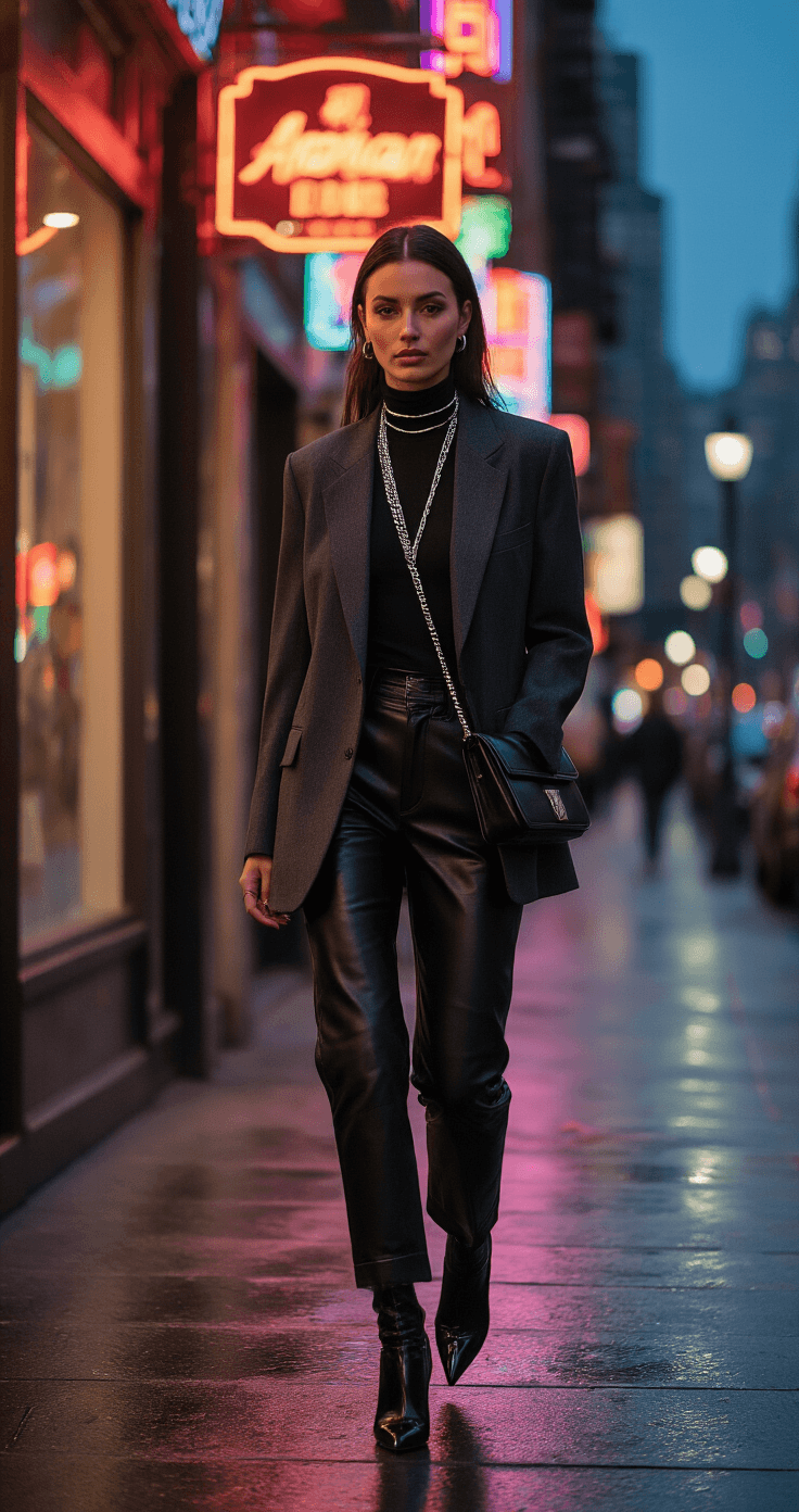 A confident woman in high-waisted black leather pants and a fitted black turtleneck bodysuit walks down a trendy downtown sidewalk at dusk, wearing an oversized charcoal gray blazer and pointed-toe patent leather ankle boots. Layered silver necklaces shimmer in the neon light, with a sleek black crossbody bag resting at her hip, and colorful reflections on the wet pavement.