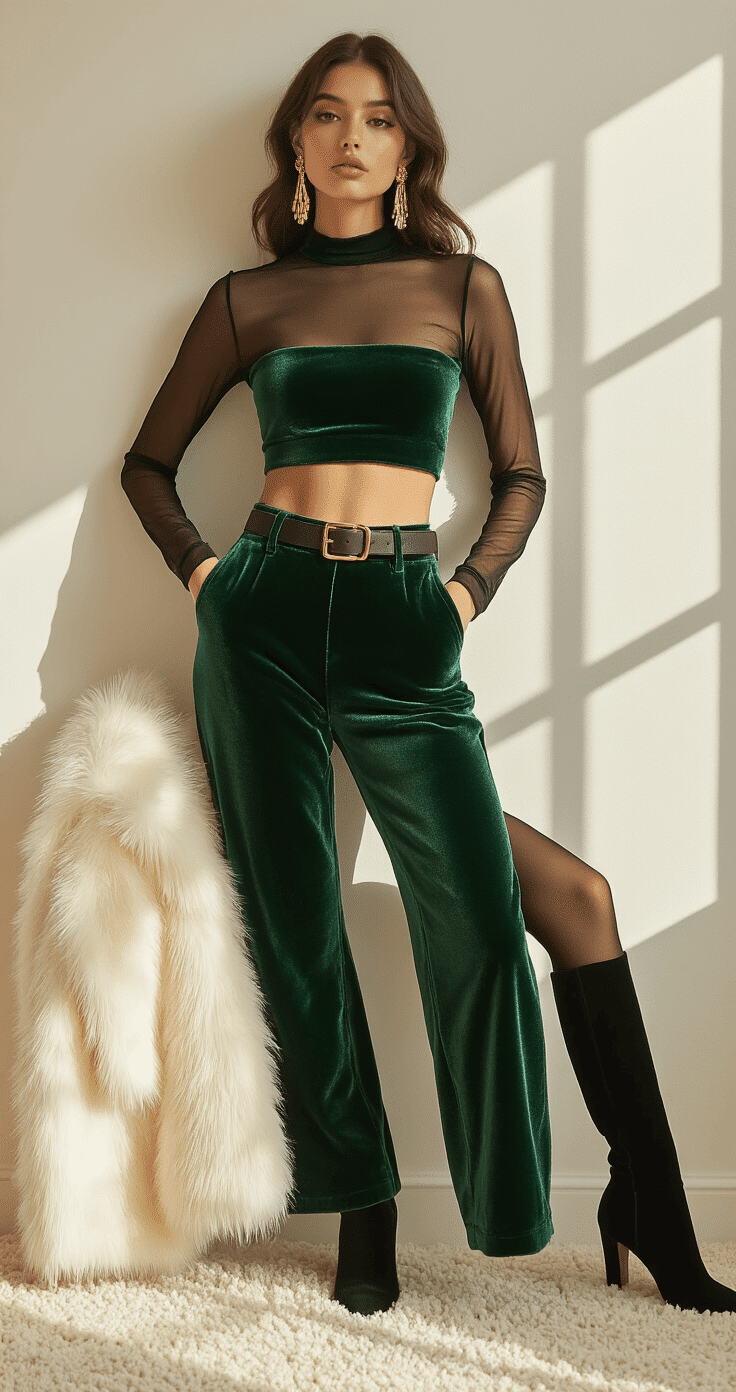 An elegant flat lay of an emerald green velvet co-ord set with a sheer black mesh shirt, knee-high black suede boots, gold statement earrings, a nude leather belt, thermal tights, and a folded white faux fur jacket, arranged on a plush cream carpet with soft natural lighting.