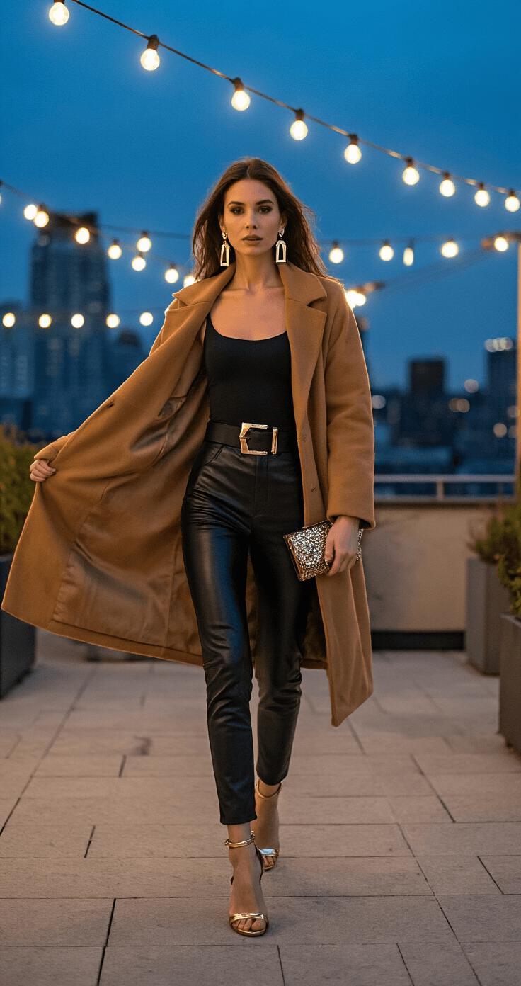A woman mid-motion on a chic rooftop terrace at twilight, removing a camel-colored wool coat to reveal a club-ready outfit with black leather pants, a fitted bodysuit, and strappy metallic gold sandals, surrounded by warm string lights against a darkening sky.