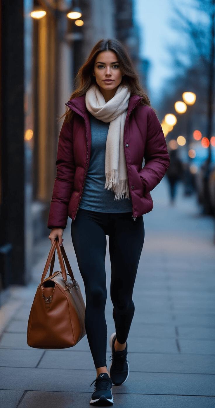 A confident young woman walks purposefully down a chic urban sidewalk in winter activewear, featuring black thermal leggings, a fitted grey base layer, and a cropped burgundy puffer jacket, with a cognac leather gym bag and a chunky cream scarf. Her breath is visible in the cold air, and soft streetlamp light creates a cinematic glow during the blue hour before sunrise.