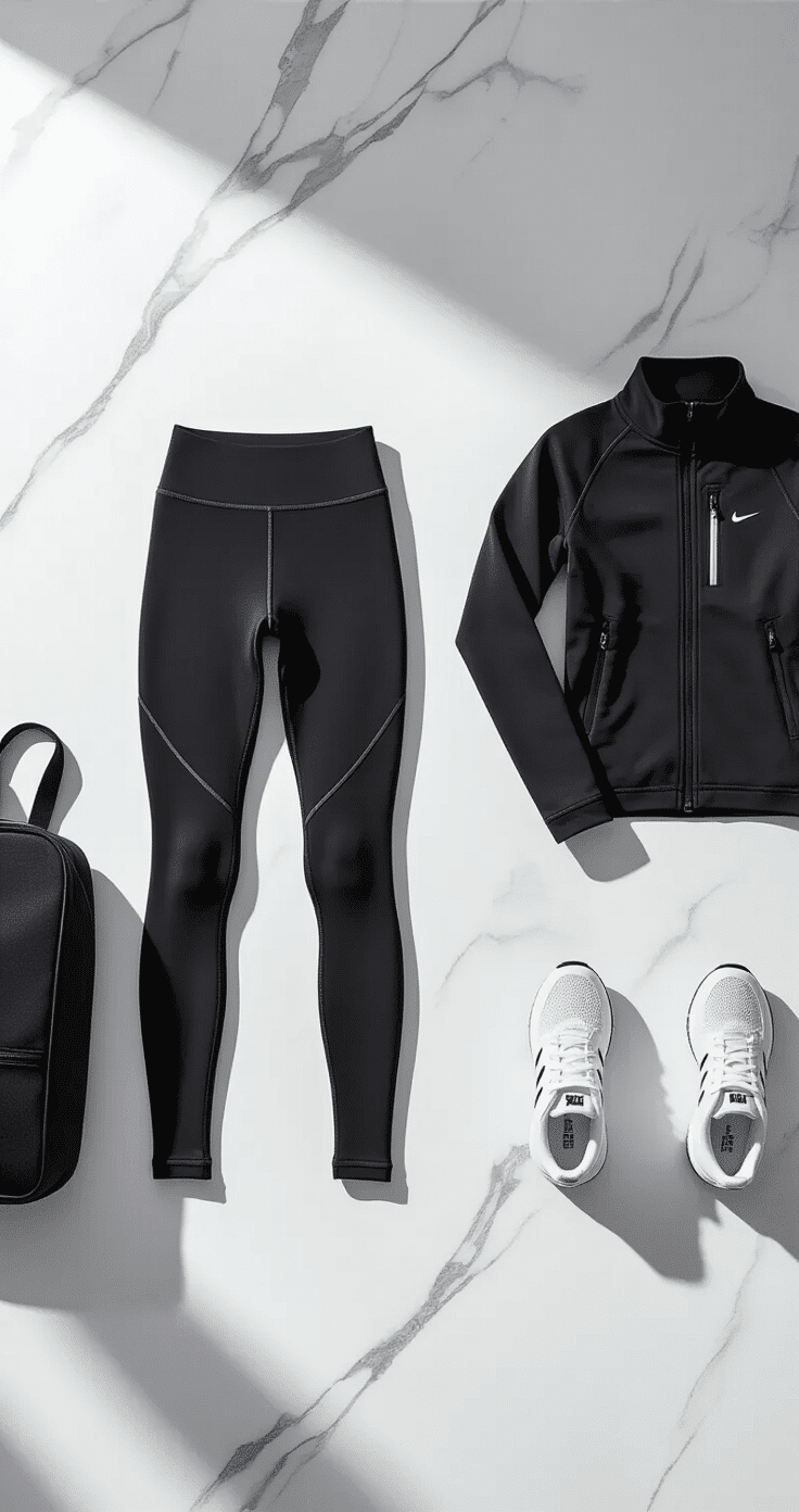 A flat-lay photograph of a winter gym outfit on a white marble surface, featuring all-black thermal leggings, a moisture-wicking long-sleeve top, a sleek zip-up jacket, white sneakers with black accents, and a minimalist gym bag, accented with green eucalyptus branches for a touch of natural texture.