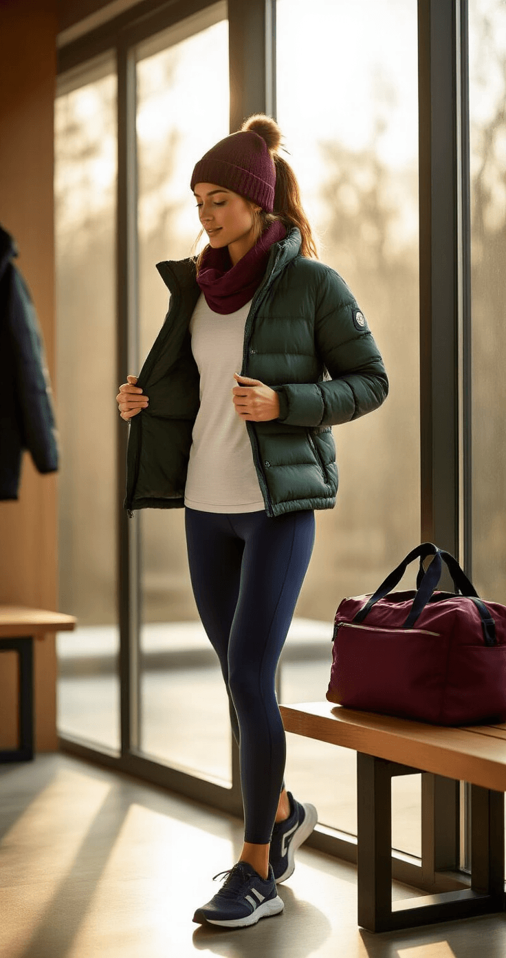 A young woman in a modern gym locker room removes her forest green puffer jacket, revealing a coordinated outfit of navy thermal leggings, a white base layer, and a fitted burgundy zip-up jacket, with warm sunlight streaming through floor-to-ceiling windows. Her open gym bag on a wooden bench displays a matching beanie, scarf, and gloves, while steam from a nearby shower area adds depth to the candid lifestyle scene.