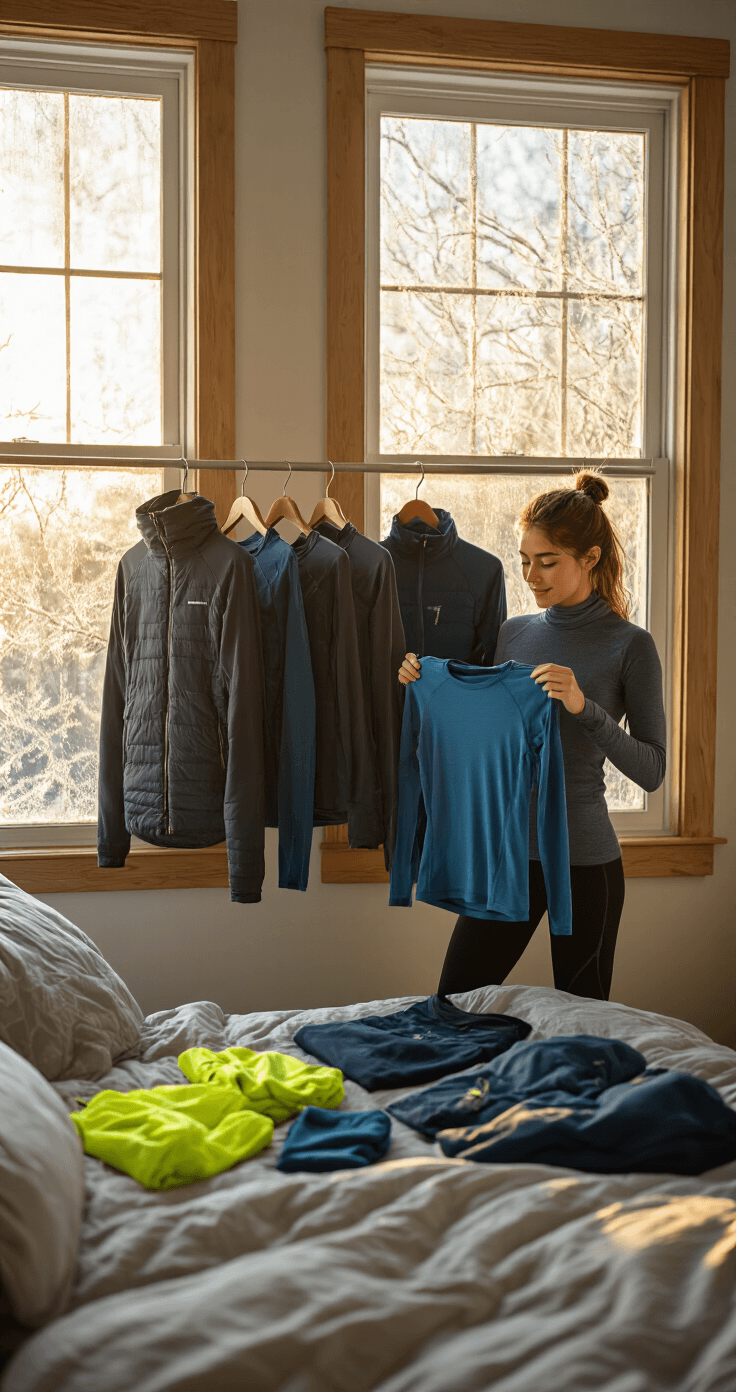 A young woman in fitted black thermal tights selects winter running layers from an organized wardrobe in a cozy bedroom during golden hour. Soft light filters through frost-covered windows, illuminating moisture-wicking base layers, fleece-lined thermals, and windproof jackets. She holds an electric blue long-sleeve top, surrounded by winter running accessories like neon yellow gloves, a moisture-wicking beanie, reflective neck gaiter, and thick trail running socks, all set against a warm, inviting backdrop.