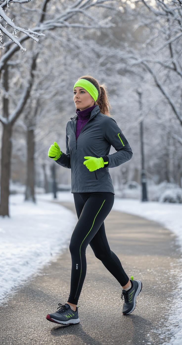A confident woman mid-stride on an urban park pathway during a crisp winter morning, wearing a stylish layered winter running outfit, including fleece-lined black tights, a charcoal base layer, a deep purple fleece pullover, and a fitted windproof jacket with neon green accents. Her breath forms visible vapor in the cold air while snow-dusted trees are visible in the background. The dynamic side angle captures the outfit's functional movement and coordinated color story.