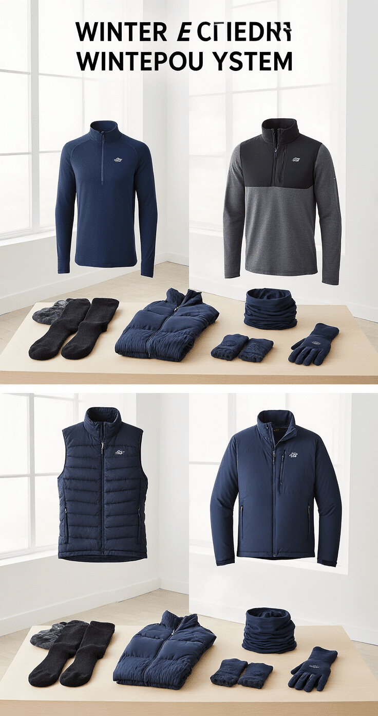 A minimalist flat lay of a winter running outfit system arranged on a light wooden surface, showcasing three layered configurations with moisture-wicking base layers, thermal mid-layers, and windproof outer shells, alongside fleece-lined tights and various accessories, all under soft natural light from large windows.