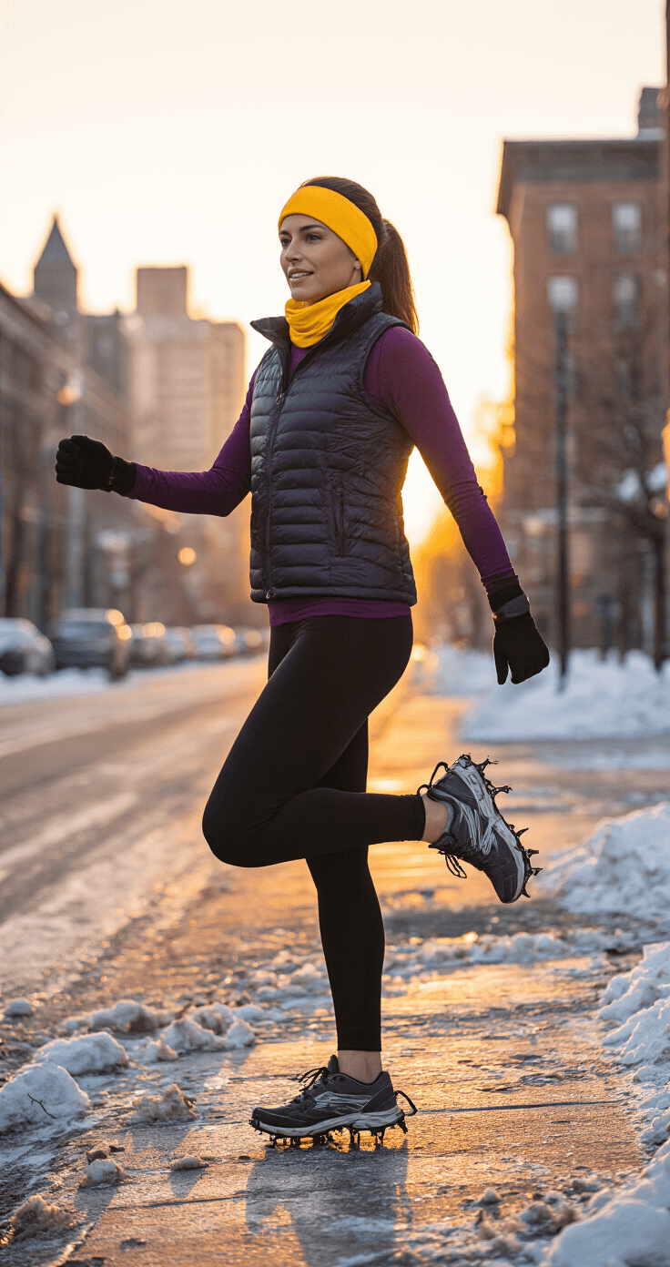 A woman demonstrates pre-run dynamic stretching on a stylish urban street corner during golden hour, wearing a fitted deep purple base layer, black thermal tights, a lightweight down vest, and winter running shoes with traction spikes, set against snow-dusted buildings and warm evening light.