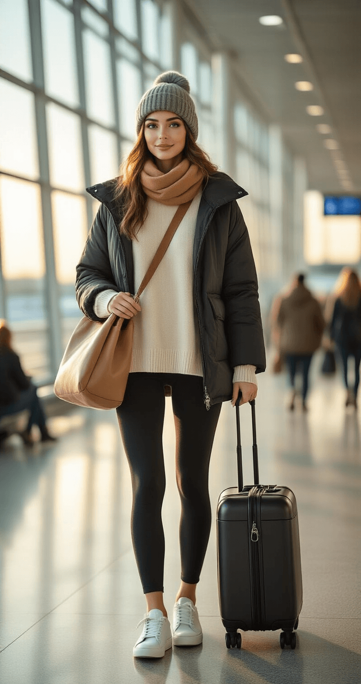 A stylish young woman in a modern airport terminal during golden hour, wearing fleece-lined black leggings, an oversized cream cashmere sweater, and a sleek black puffer jacket, rolling a minimalist black carry-on suitcase. She sports pristine white leather sneakers, carries a cognac leather crossbody bag and a canvas tote, and is adorned with a gray knit beanie and camel-colored wool scarf. Blurred travelers in the background enhance the warm, travel-ready atmosphere.