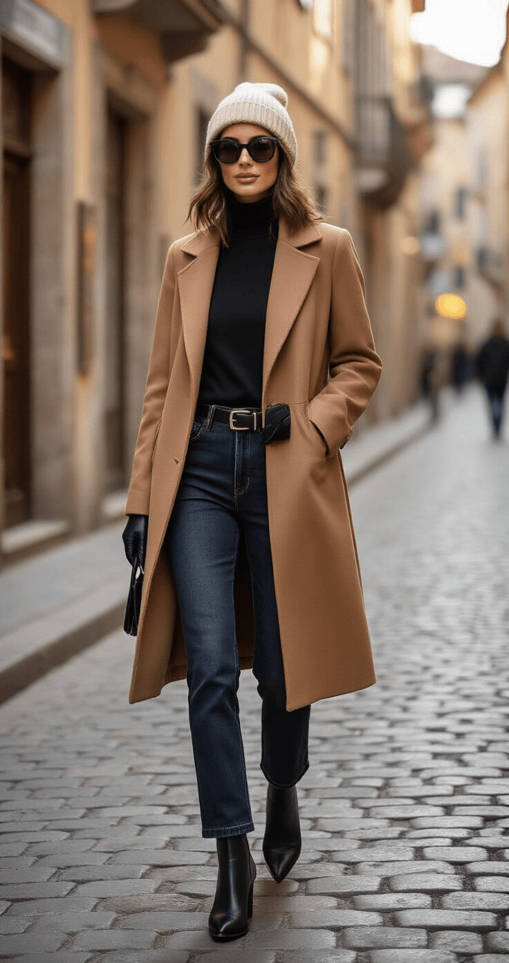 A fashionable woman in a black turtleneck and camel wool coat walks confidently down a cobblestone street, showcasing dark jeans and ankle boots, complemented by a cream beanie and designer sunglasses, with historic stone buildings in the background.