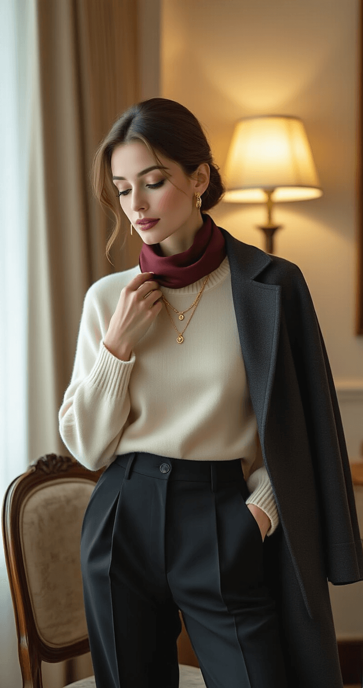 An elegant woman in tailored black trousers and a cream cashmere sweater adjusts a burgundy silk scarf in a cozy hotel room, illuminated by warm lamplight, with delicate gold jewelry and a charcoal wool coat nearby.